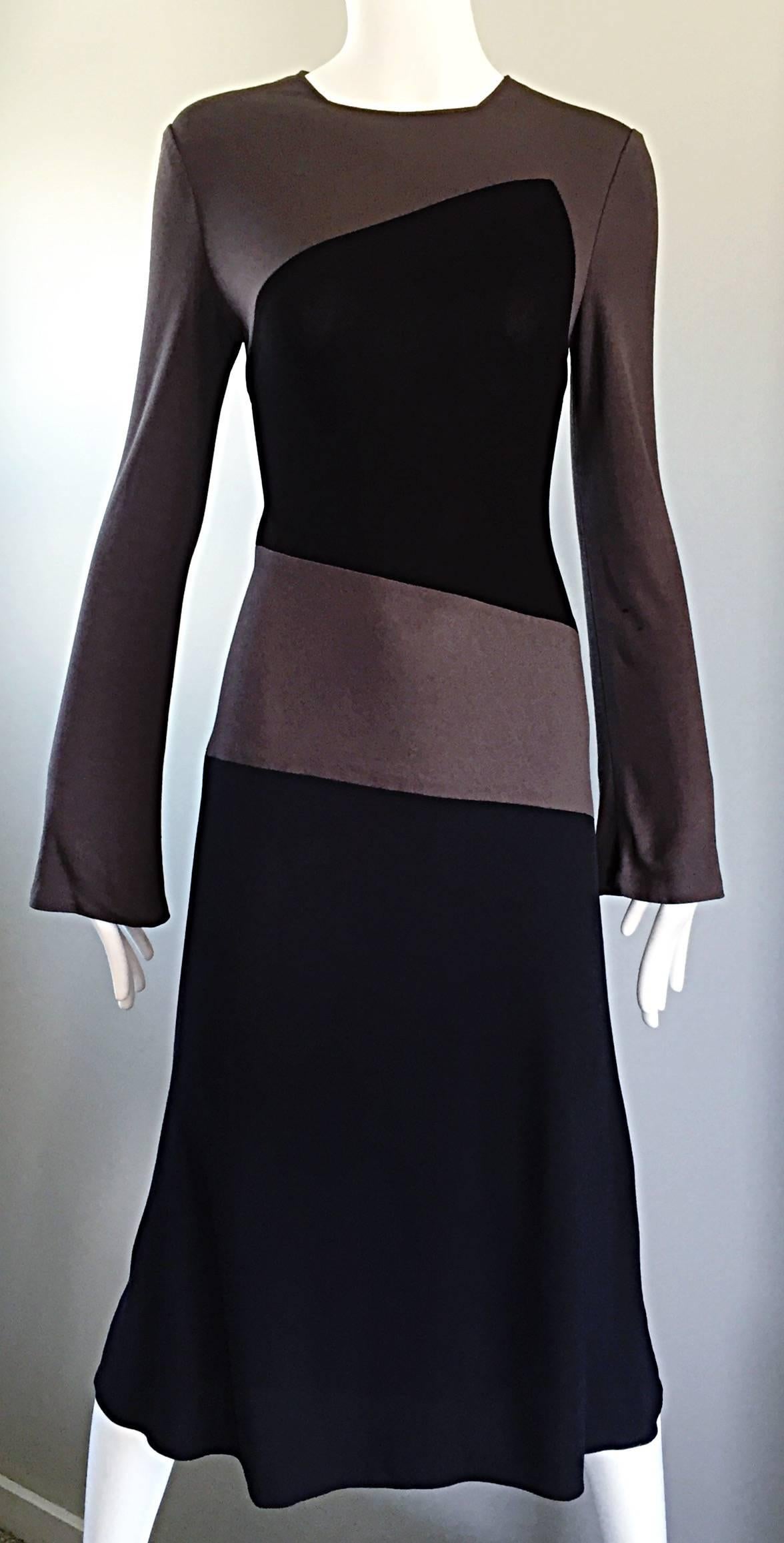 Vintage Calvin Klein Collection Black And Taupe Grey Color Block 1990s 90s Dress In Excellent Condition In San Diego, CA