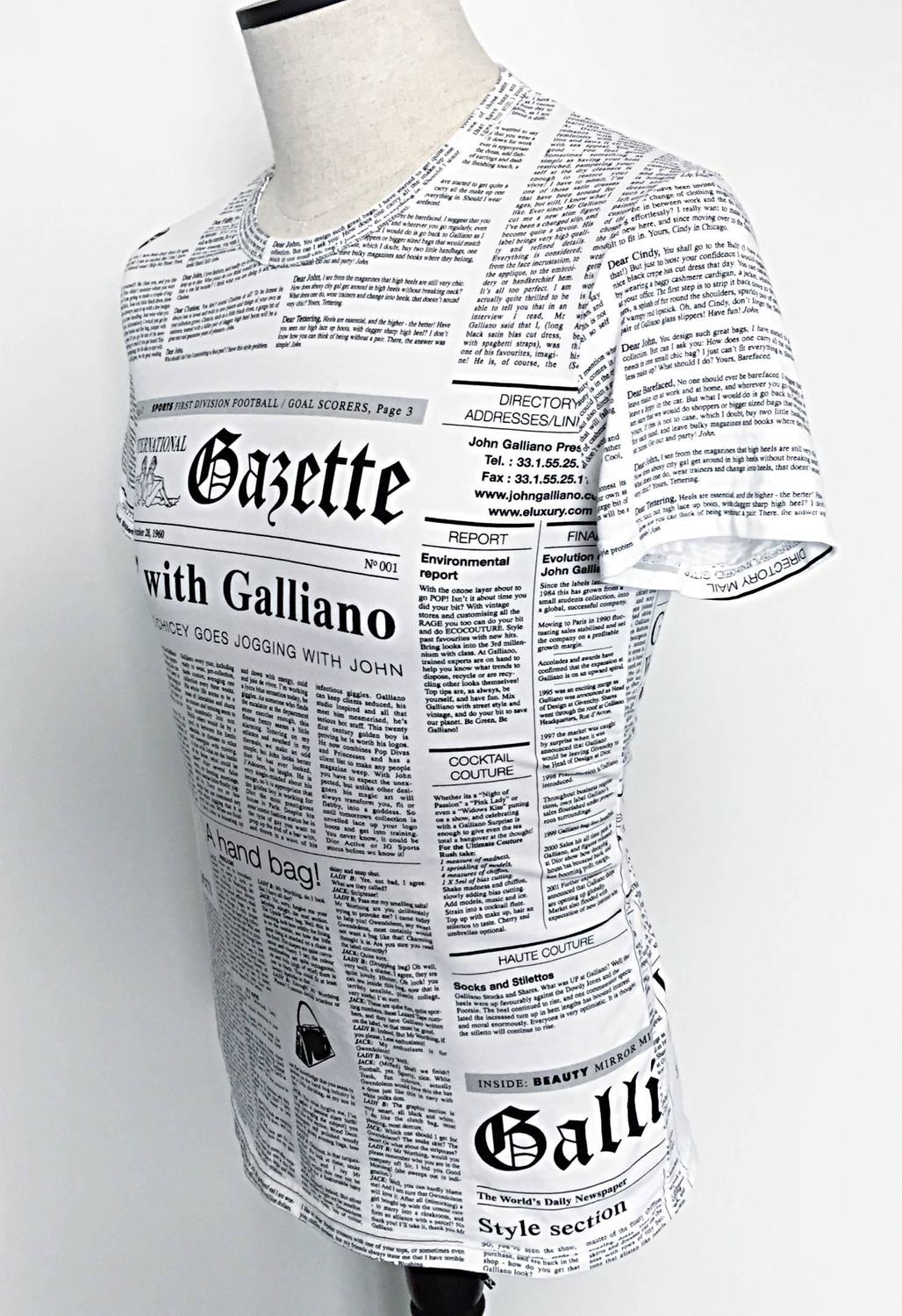 Iconic John Galliano Unisex Newspaper Newsprint Black and White Tee T ...