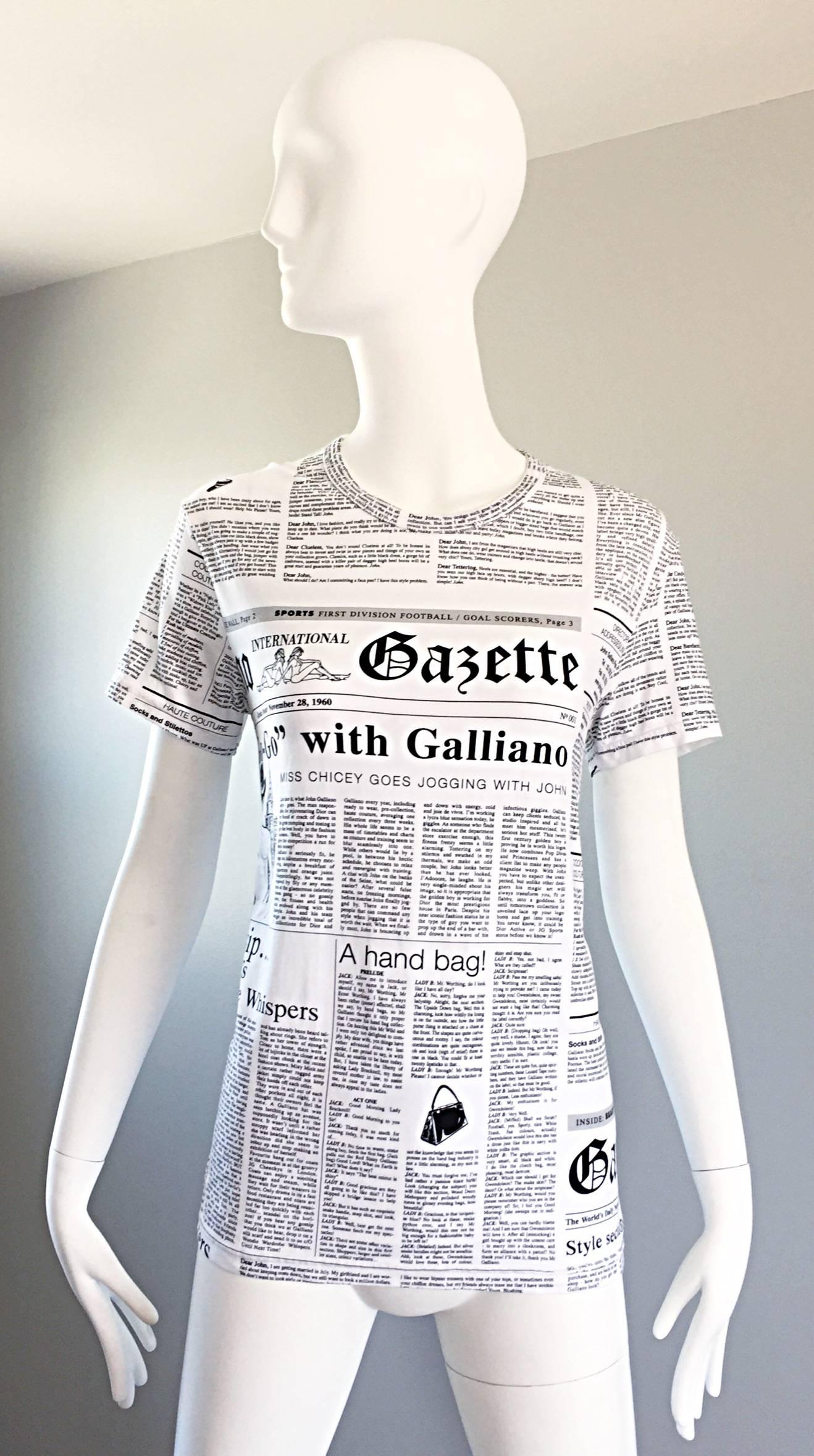Gray Iconic John Galliano Unisex Newspaper Newsprint Black and White Tee T Shirt Top
