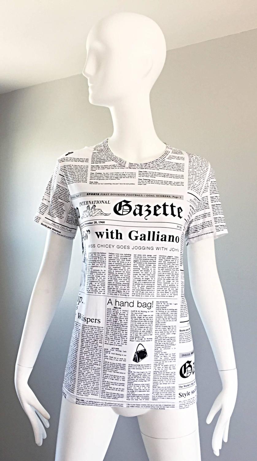 Iconic John Galliano Unisex Newspaper Newsprint Black and White Tee T