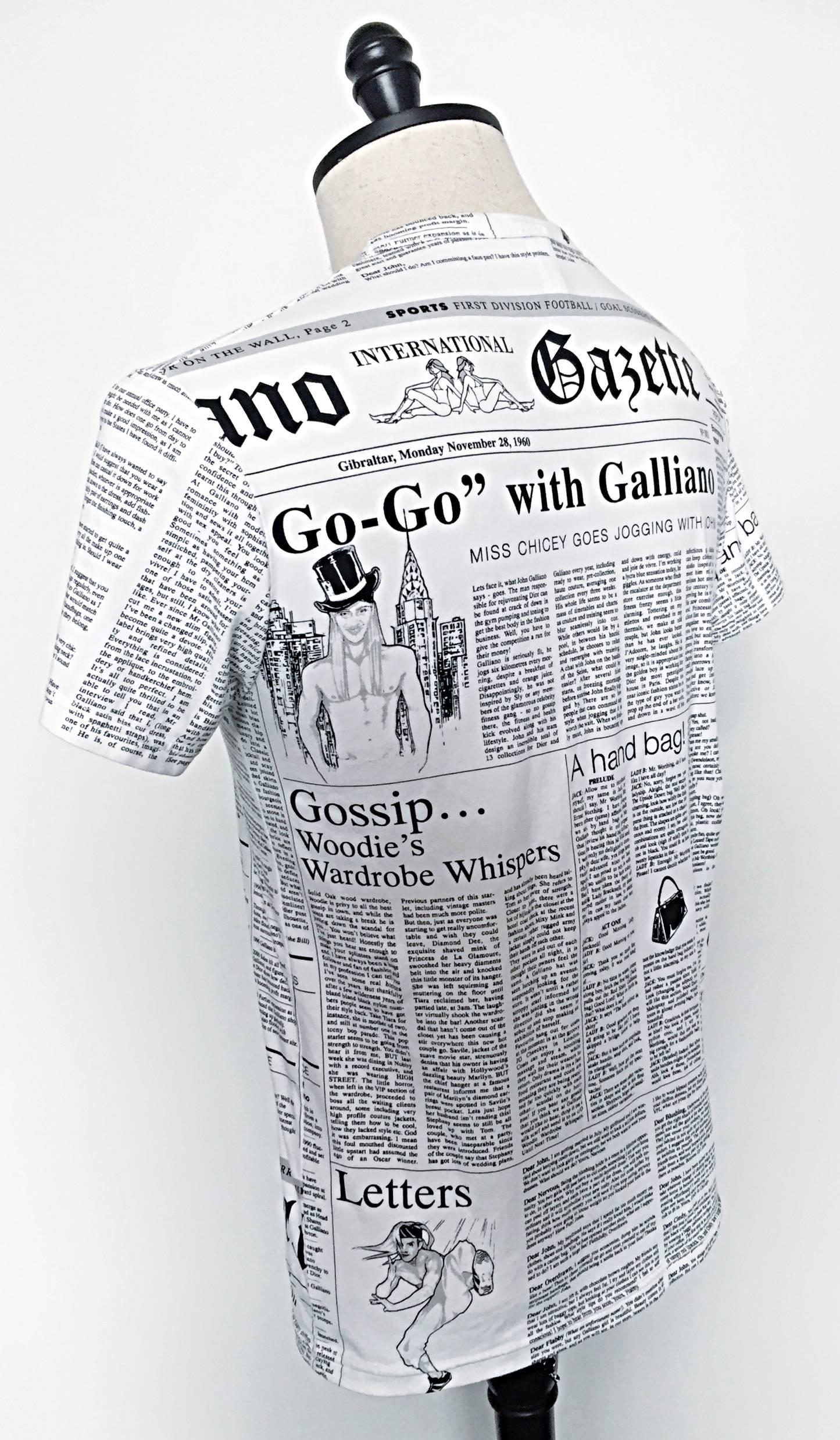Iconic John Galliano Unisex Newspaper Newsprint Black and White Tee T Shirt Top 1