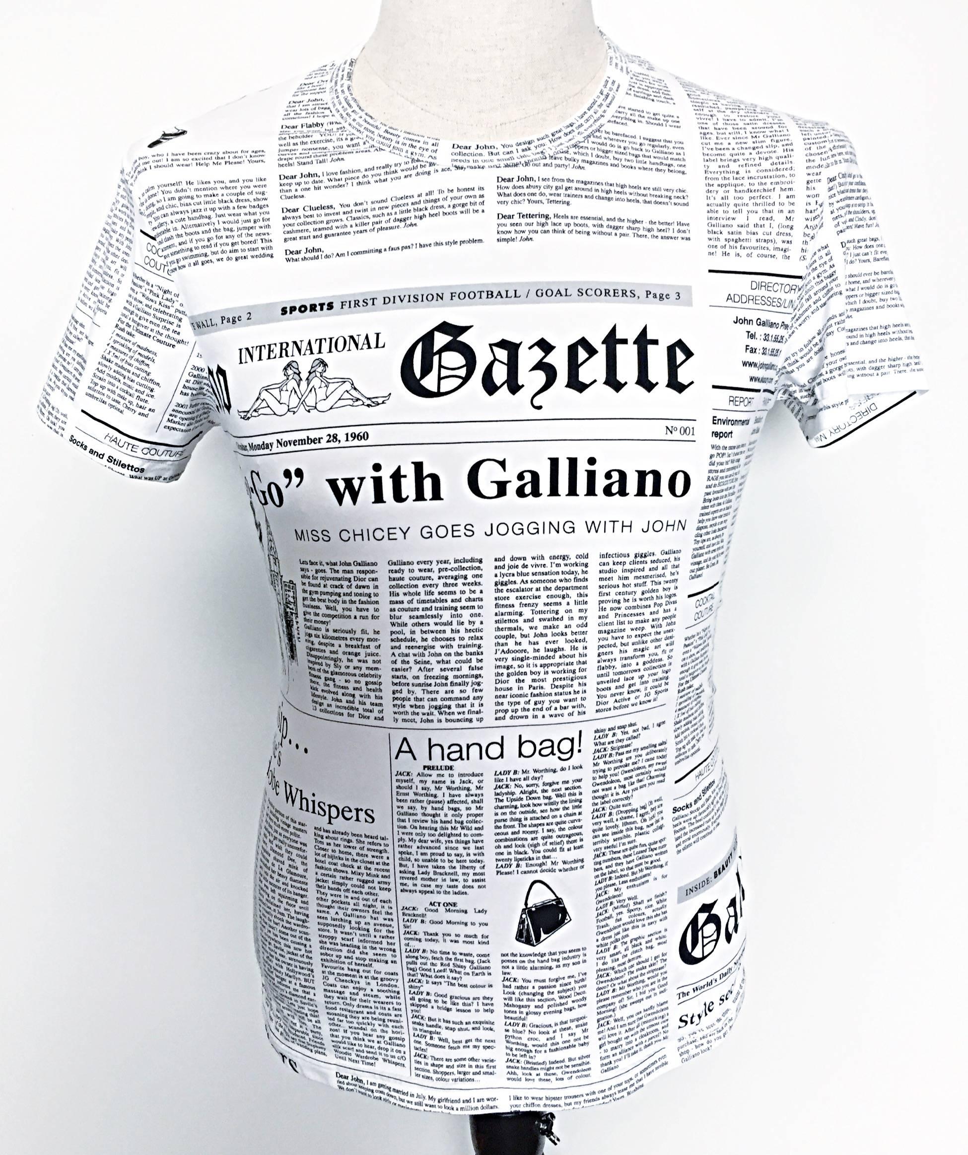 Iconic John Galliano Unisex Newspaper Newsprint Black and White Tee T Shirt Top 2