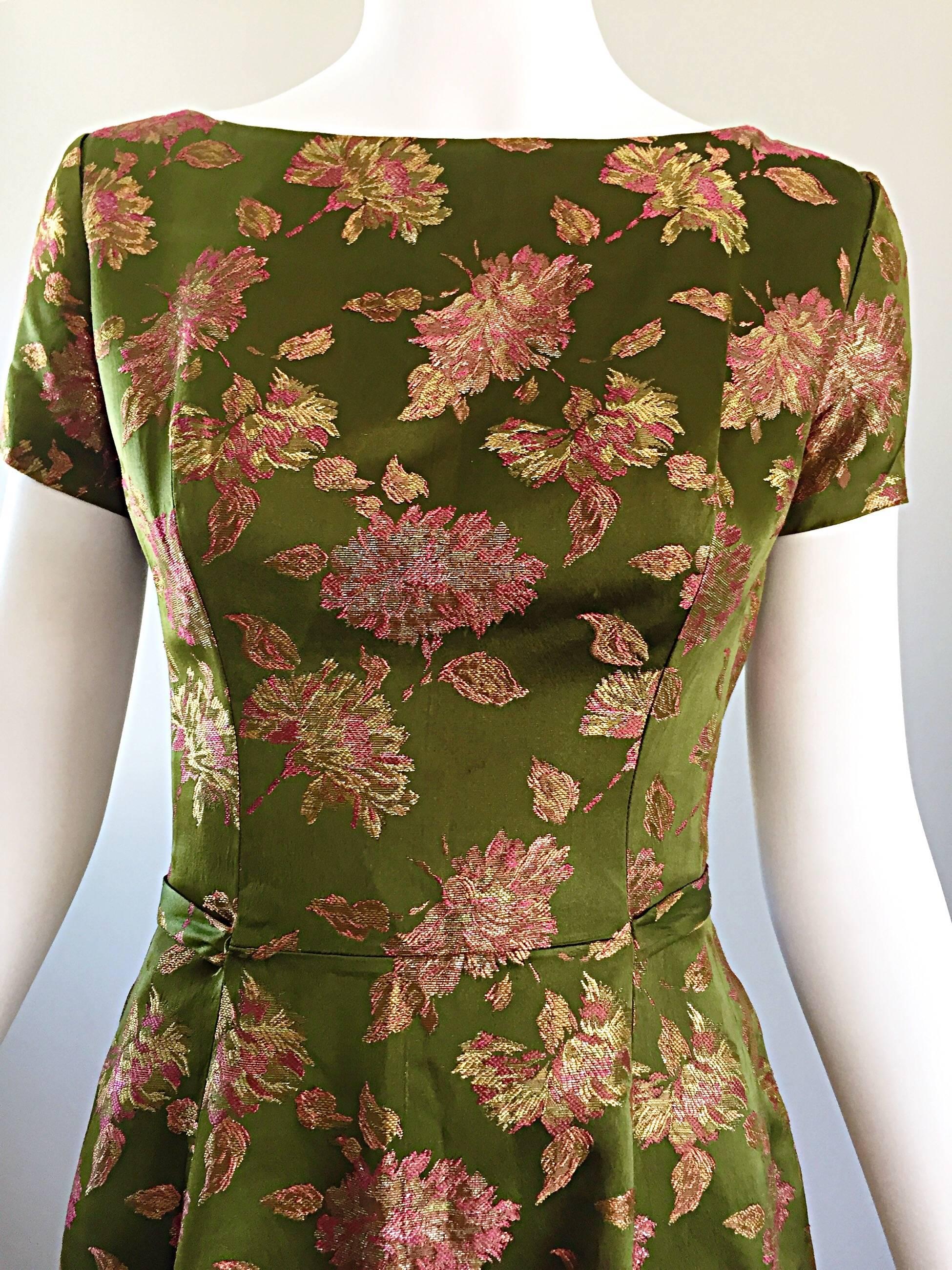 Brown 1950s House of Branell Vintage Chartreuse Green + Pink Silk Dress And Jacket Set