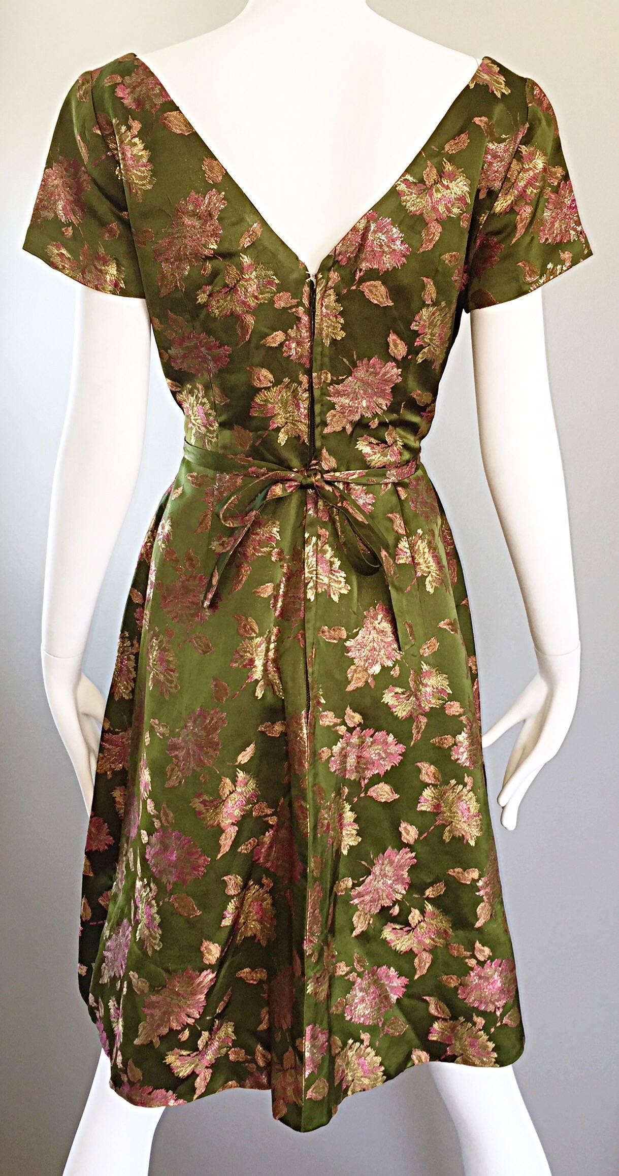 1950s House of Branell Vintage Chartreuse Green + Pink Silk Dress And ...