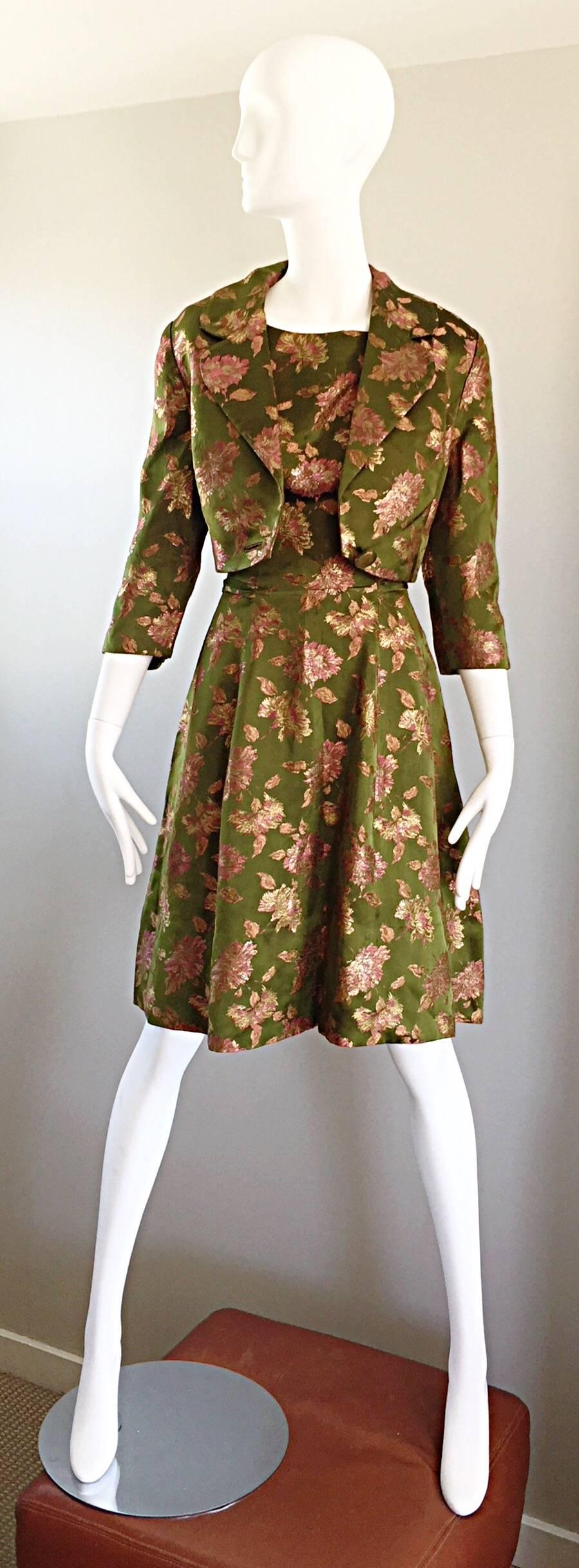 1950s House of Branell Vintage Chartreuse Green + Pink Silk Dress And Jacket Set 1