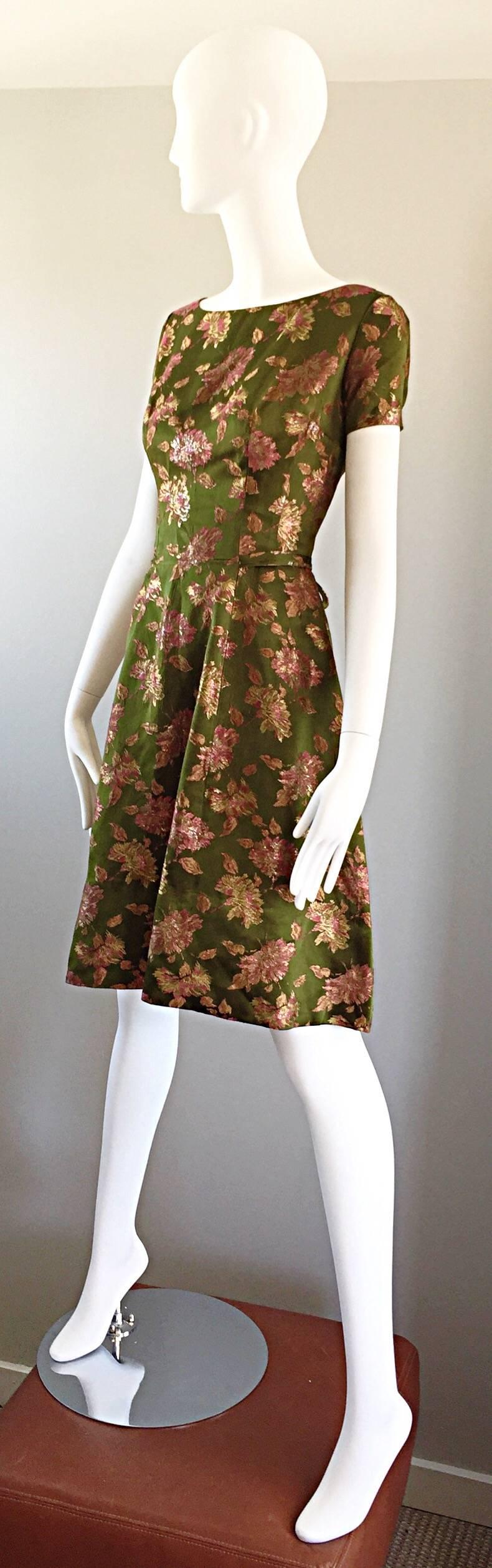 1950s House of Branell Vintage Chartreuse Green + Pink Silk Dress And Jacket Set 2