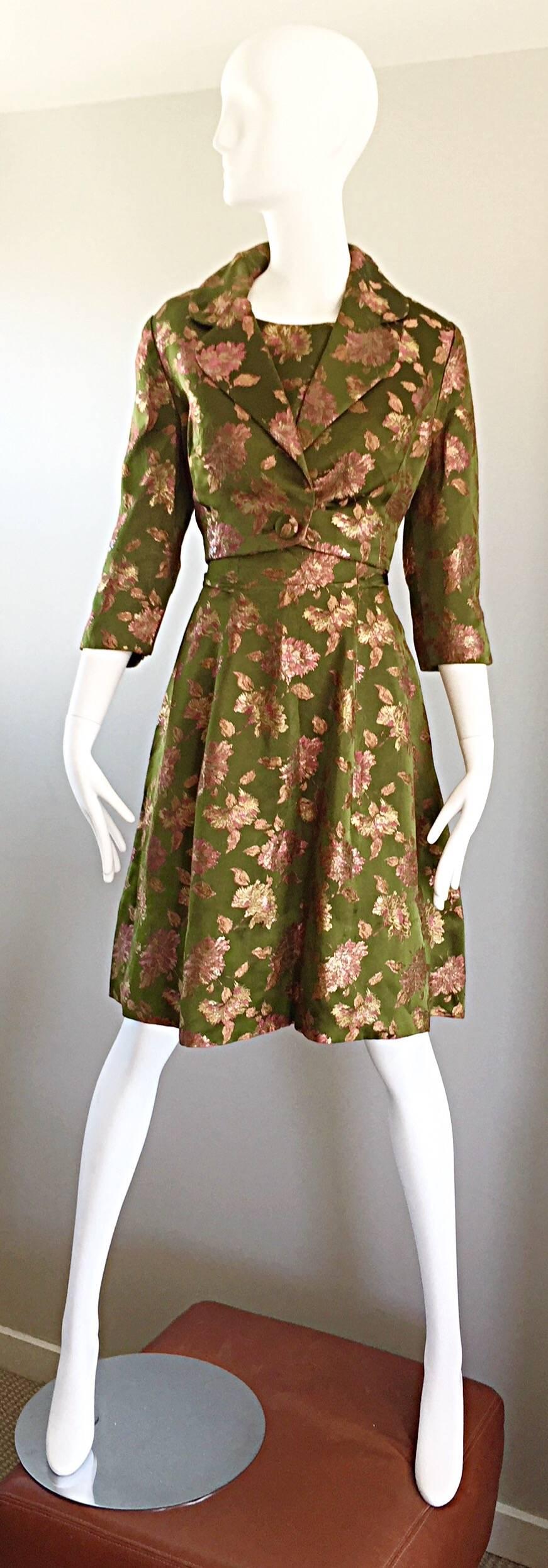 1950s House of Branell Vintage Chartreuse Green + Pink Silk Dress And Jacket Set 3