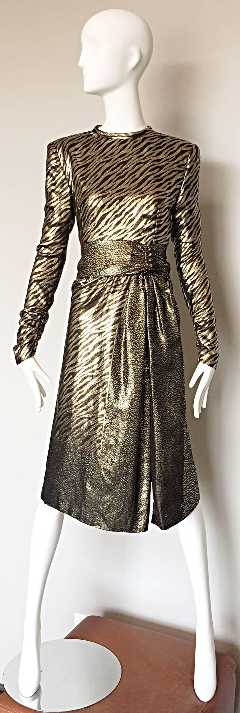 Amazing vintage 1970s / 70s PAULINE TRIGERE gold and black silk lame animal print long sleeve dress! Form fitting bodice with sleek tailored long sleeves. Chic gathers at sleeve cuffs with hidden zippers. Attached belt at waist with hidden zippers