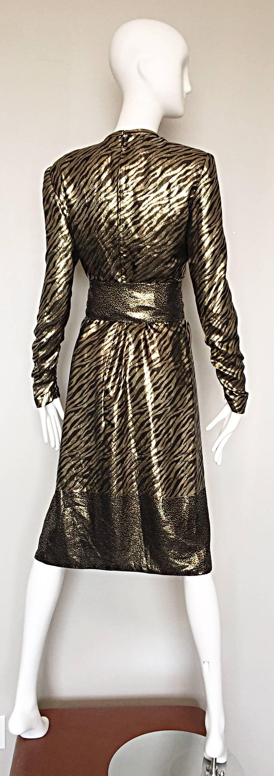 Pauline Trigere Vintage Gold and Black Silk Lame Zebra + Leopard Print Dress In Excellent Condition In San Diego, CA