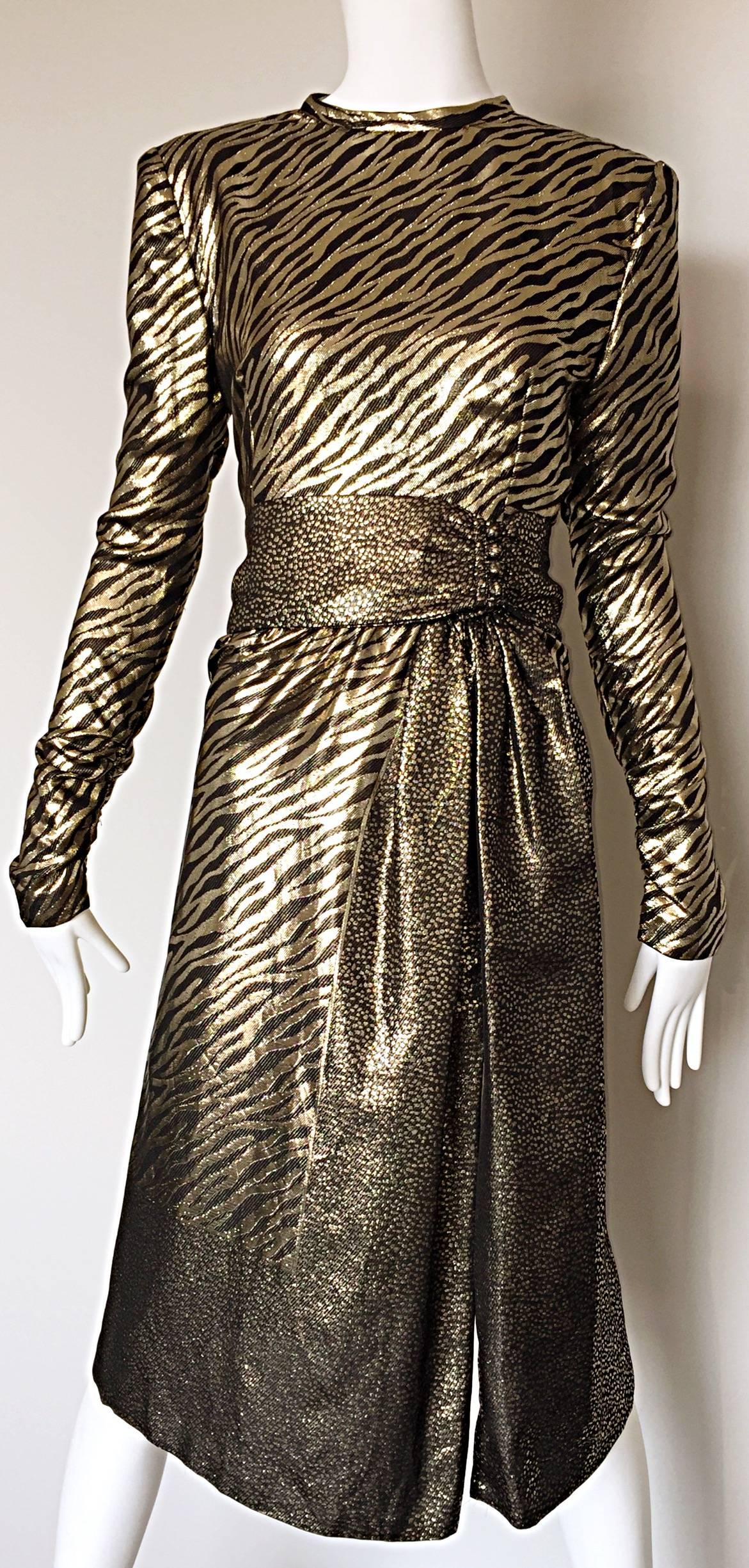 Women's Pauline Trigere Vintage Gold and Black Silk Lame Zebra + Leopard Print Dress