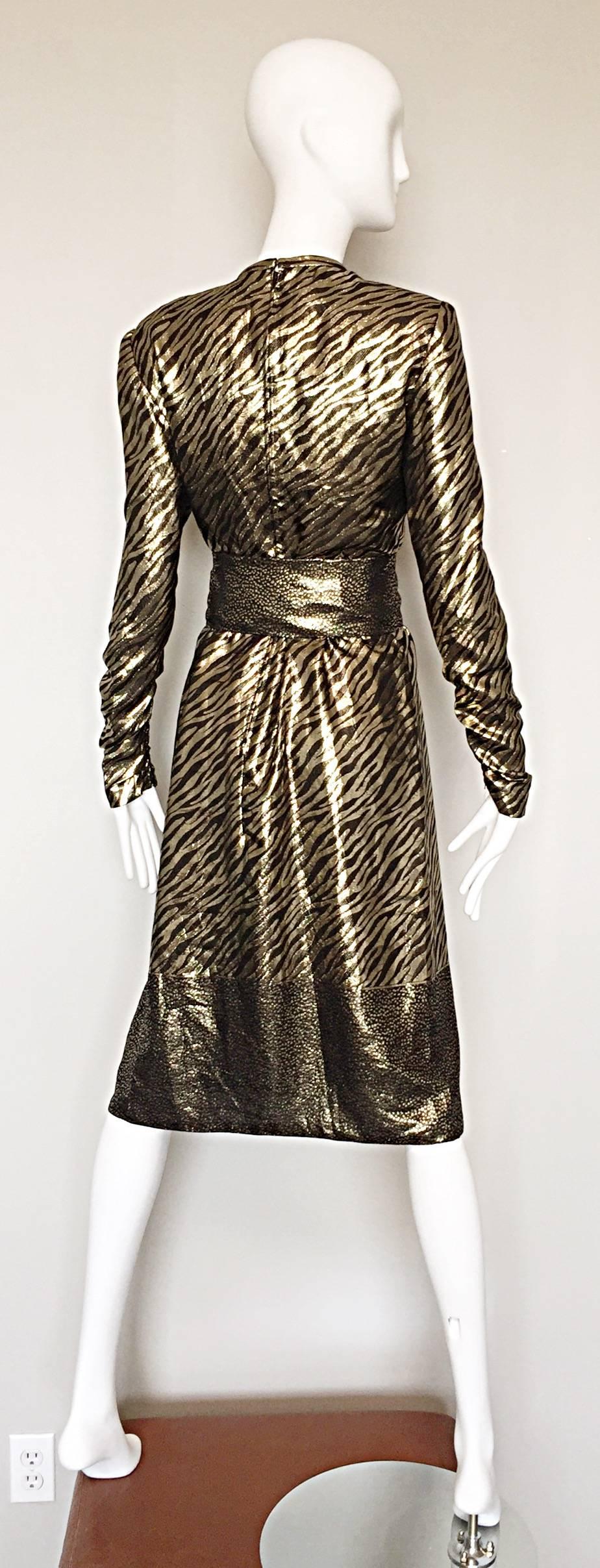 Pauline Trigere Vintage Gold and Black Silk Lame Zebra + Leopard Print Dress 1