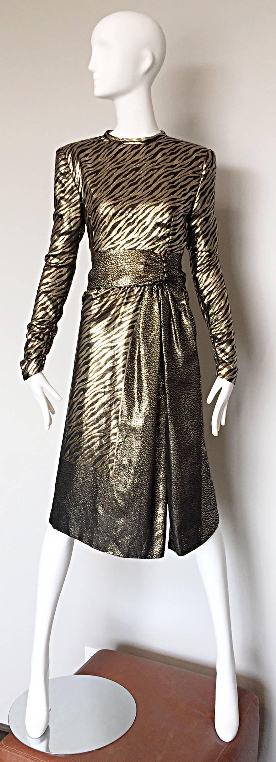 Pauline Trigere Vintage Gold and Black Silk Lame Zebra + Leopard Print Dress 2