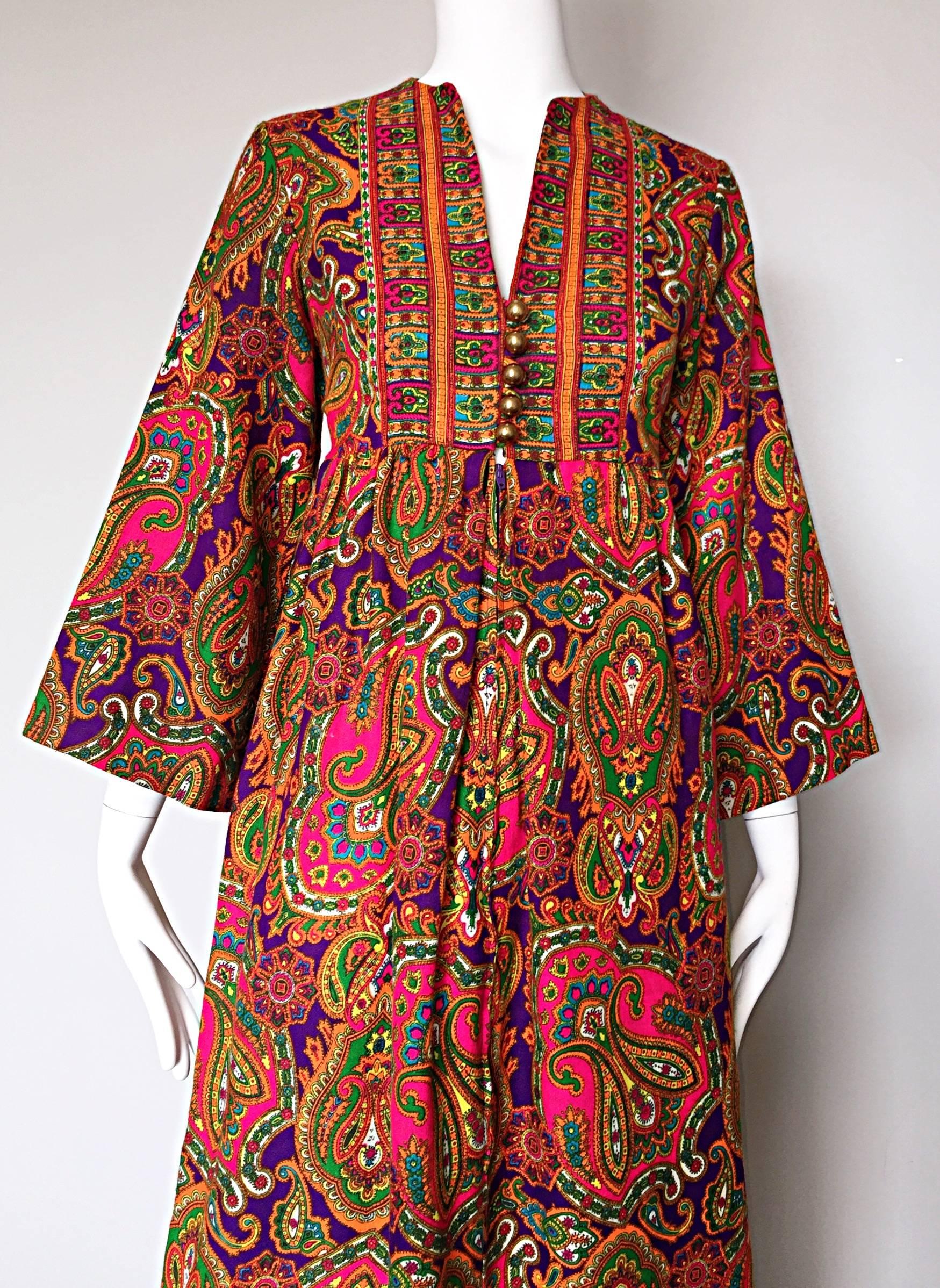 Brown Vintage Joseph Magnin 1970s Psychedelic Paisley 70s Colorful Caftan Maxi Dress