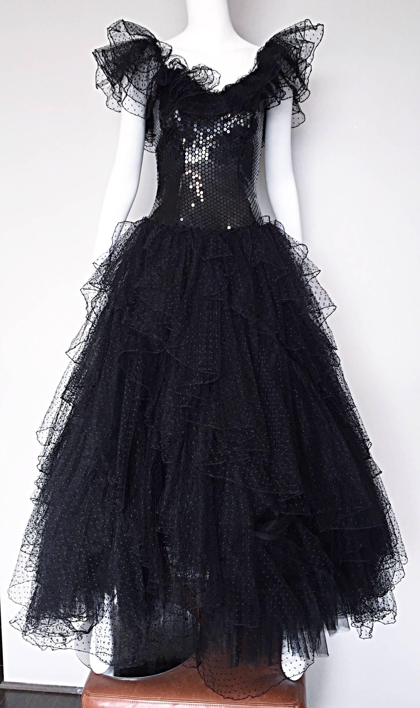 Women's Incredible Vintage David Fielden 80s Black Silk Sequin Tulle British Ball Gown  For Sale