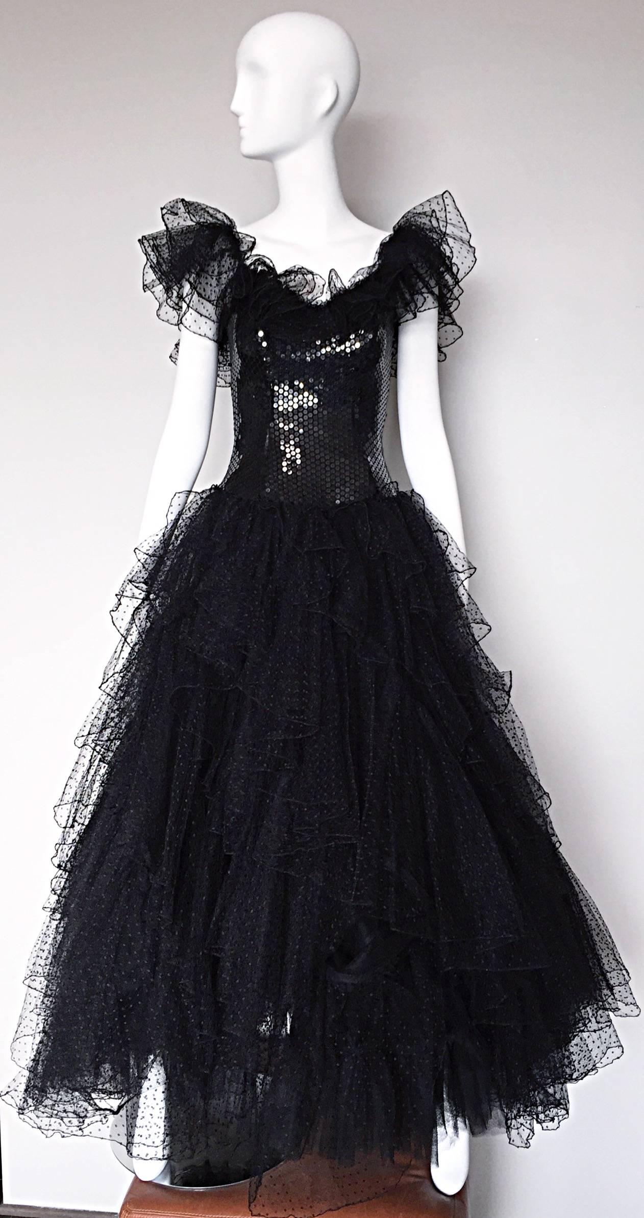 Incredible Vintage David Fielden 80s Black Silk Sequin Tulle British Ball Gown  For Sale 2