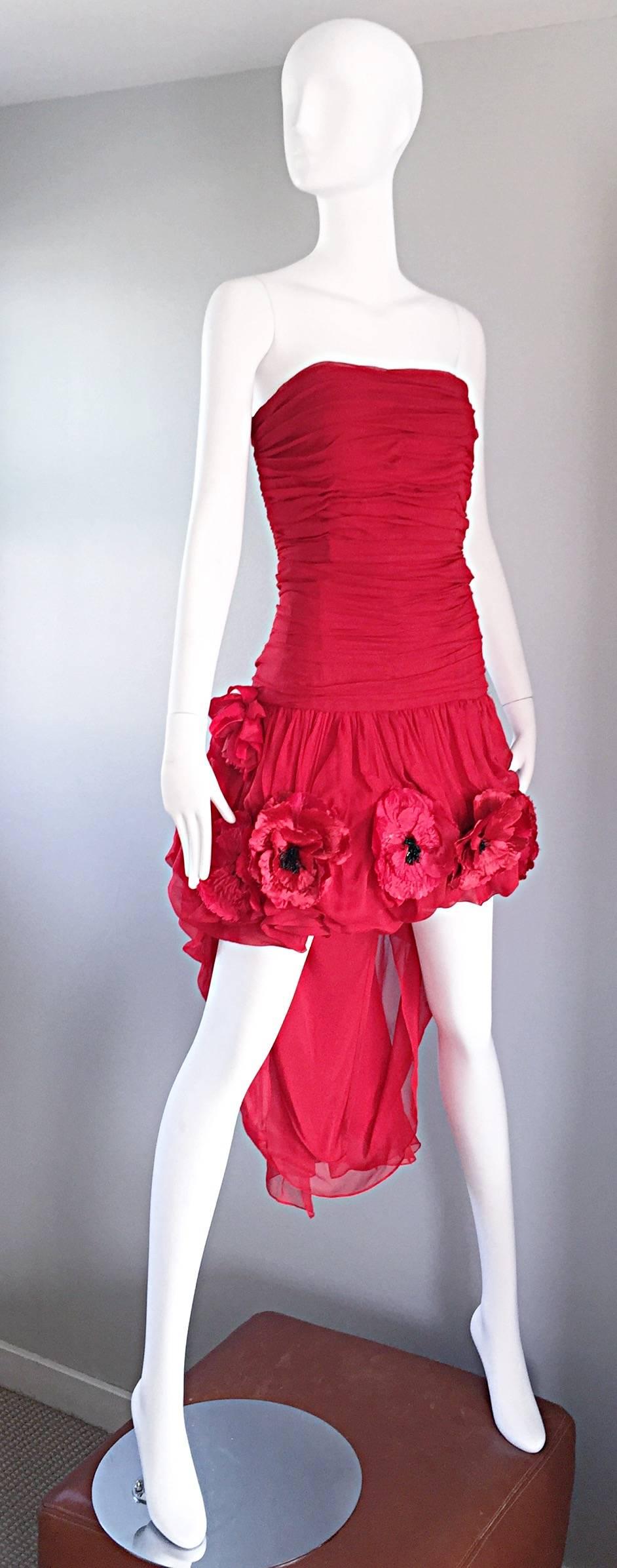 Women's Vintage Christian Lacroix Lipstick Red Chiffon Strapless High - Lo Poppy Dress