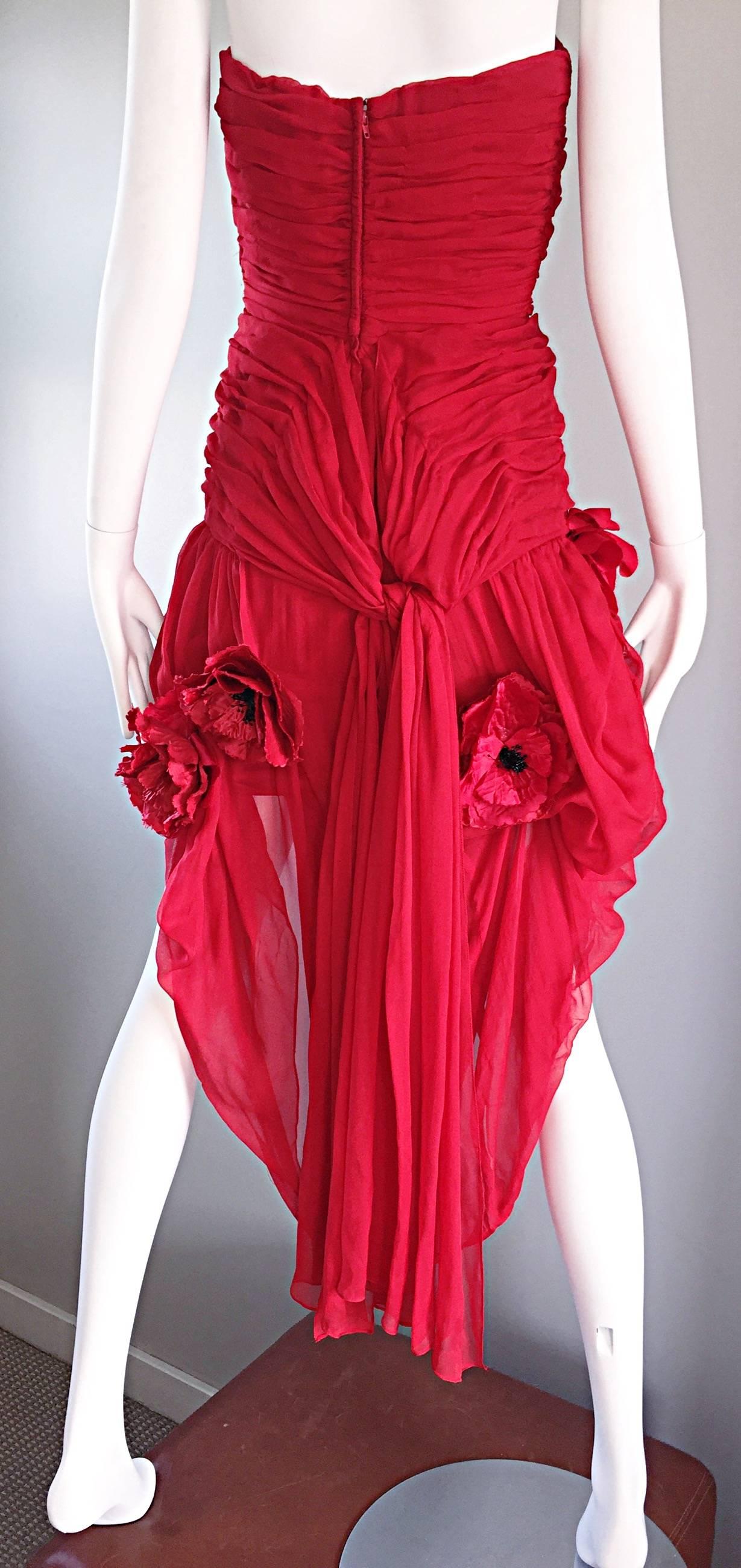 Vintage Christian Lacroix Lipstick Red Chiffon Strapless High - Lo Poppy Dress 1