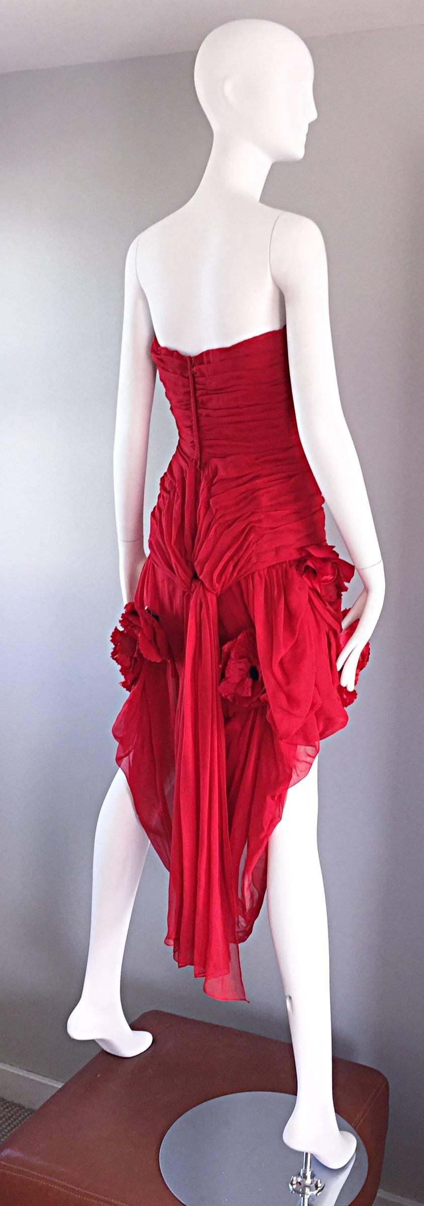 Vintage Christian Lacroix Lipstick Red Chiffon Strapless High - Lo Poppy Dress In Excellent Condition In San Diego, CA