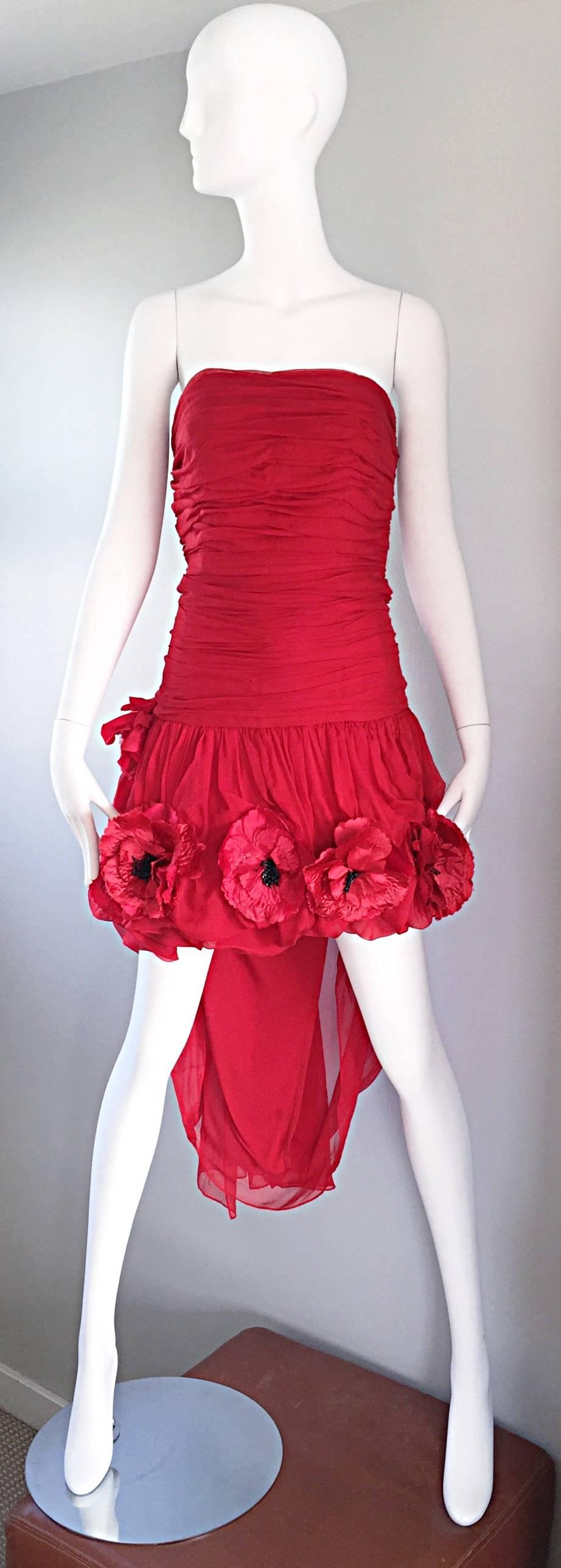 Vintage Christian Lacroix Lipstick Red Chiffon Strapless High - Lo Poppy Dress 2
