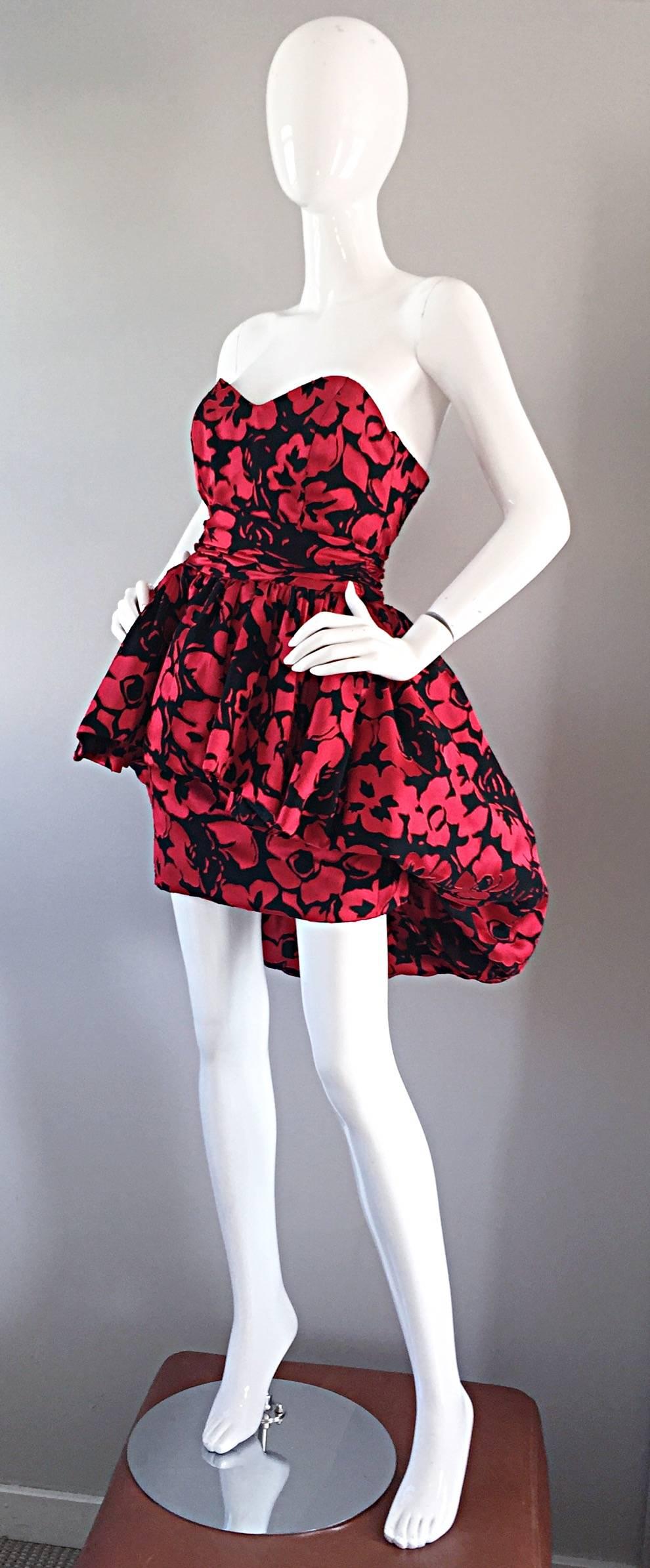 Women's Christian Lacroix Couture Vintage Red and Black Silk Strapless 1990s Mini Dress