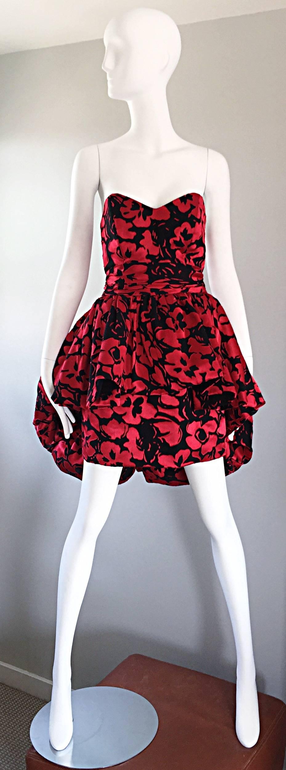Christian Lacroix Couture Vintage Red and Black Silk Strapless 1990s Mini Dress 1