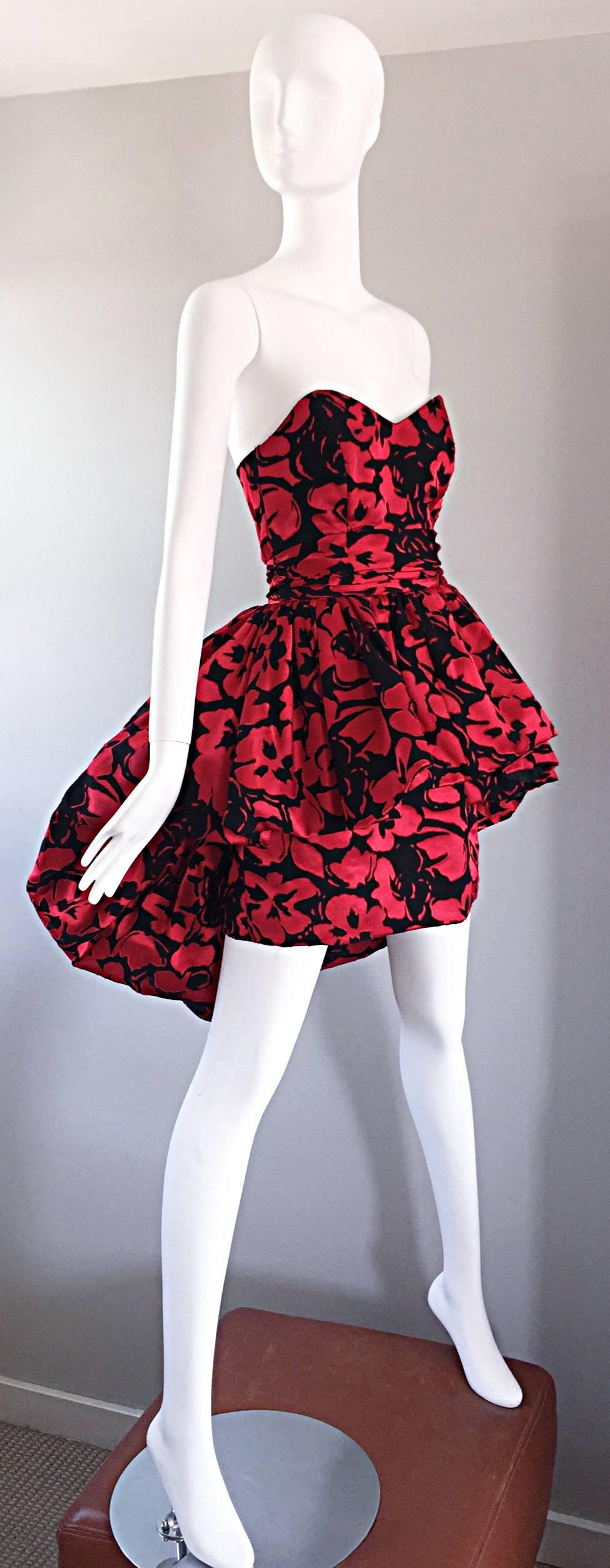 Christian Lacroix Couture Vintage Red and Black Silk Strapless 1990s Mini Dress 2
