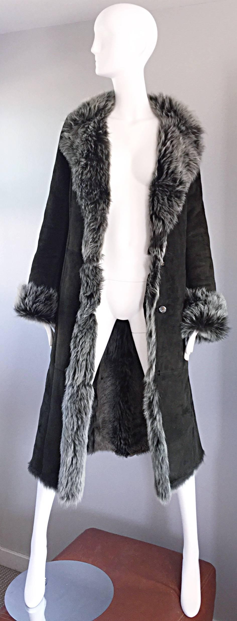 Black Vintage Italian Hunter Forest Green Lamb Shearling Leather Fur Jacket Coat For Sale
