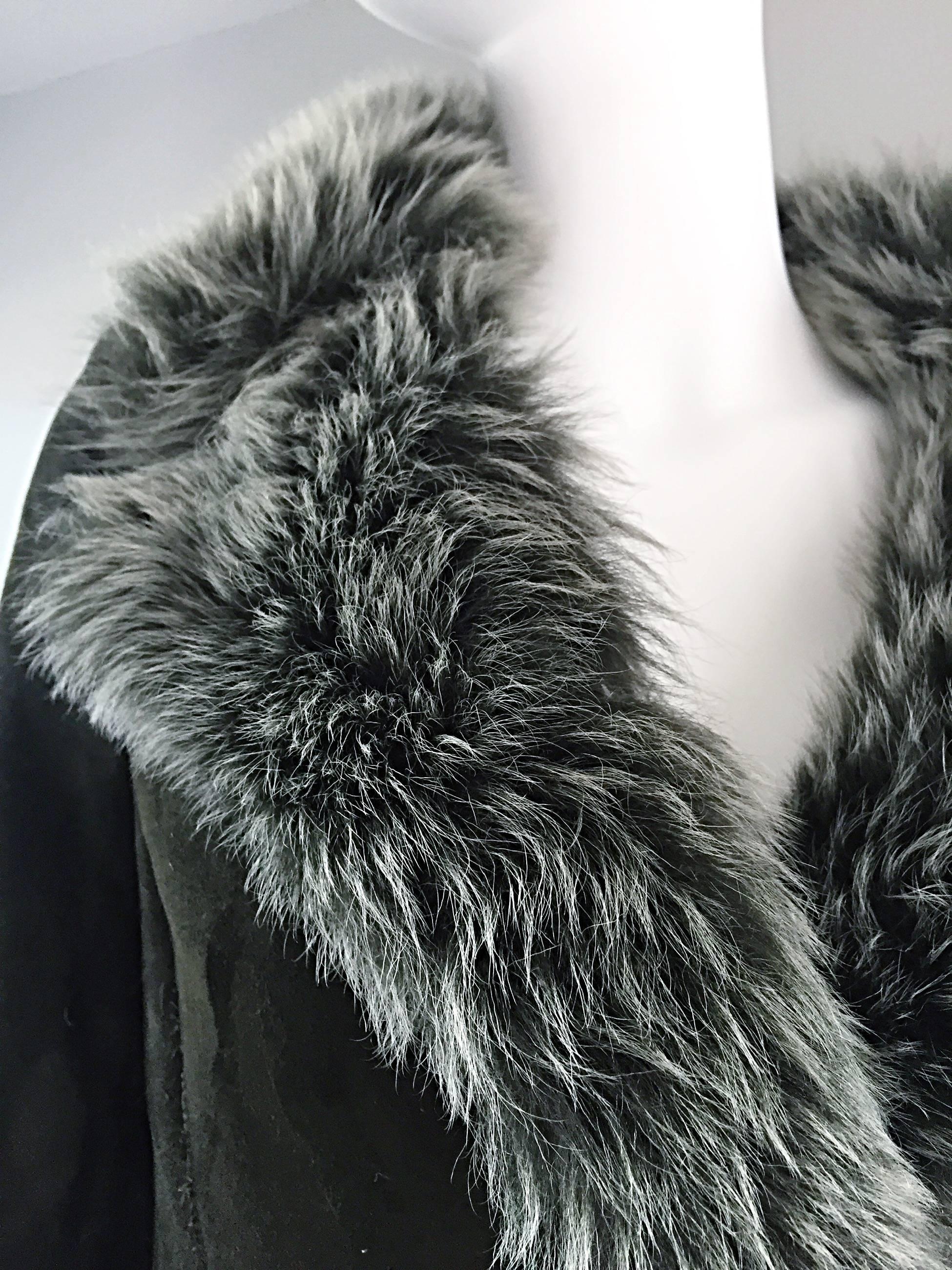 Women's Vintage Italian Hunter Forest Green Lamb Shearling Leather Fur Jacket Coat For Sale