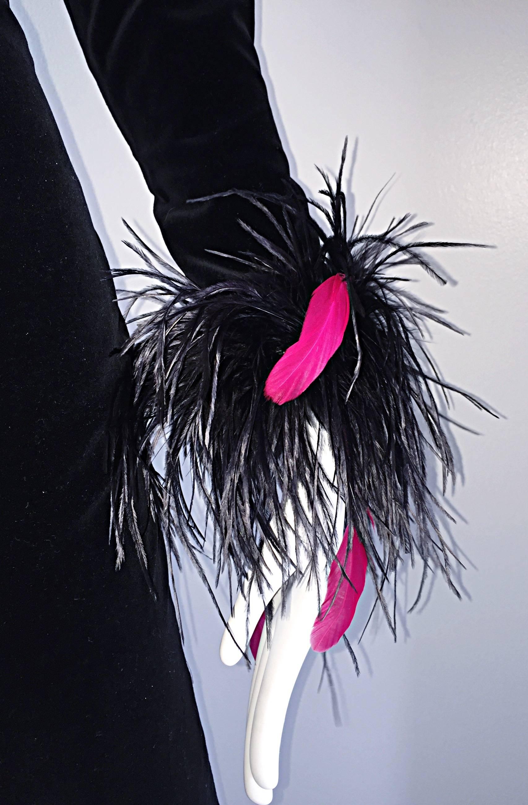 Albert Nipon for I Magnin Vintage Black and Pink Sequin Ostrich Feather Dress In Excellent Condition In San Diego, CA