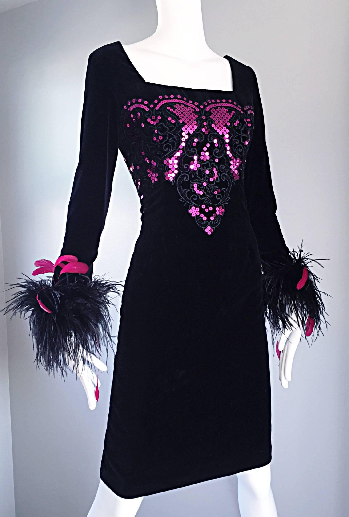 Women's Albert Nipon for I Magnin Vintage Black and Pink Sequin Ostrich Feather Dress