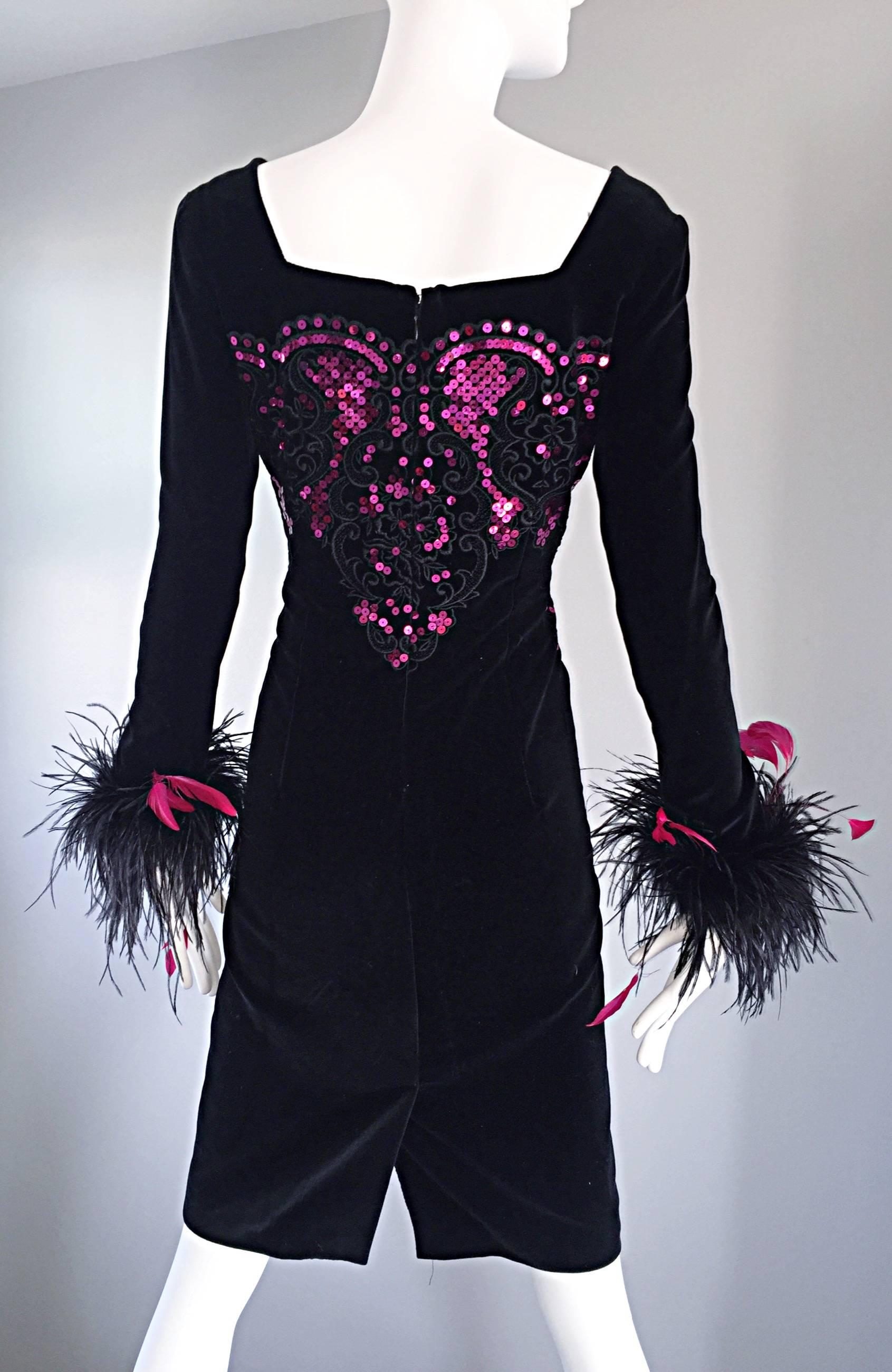Albert Nipon for I Magnin Vintage Black and Pink Sequin Ostrich Feather Dress 1
