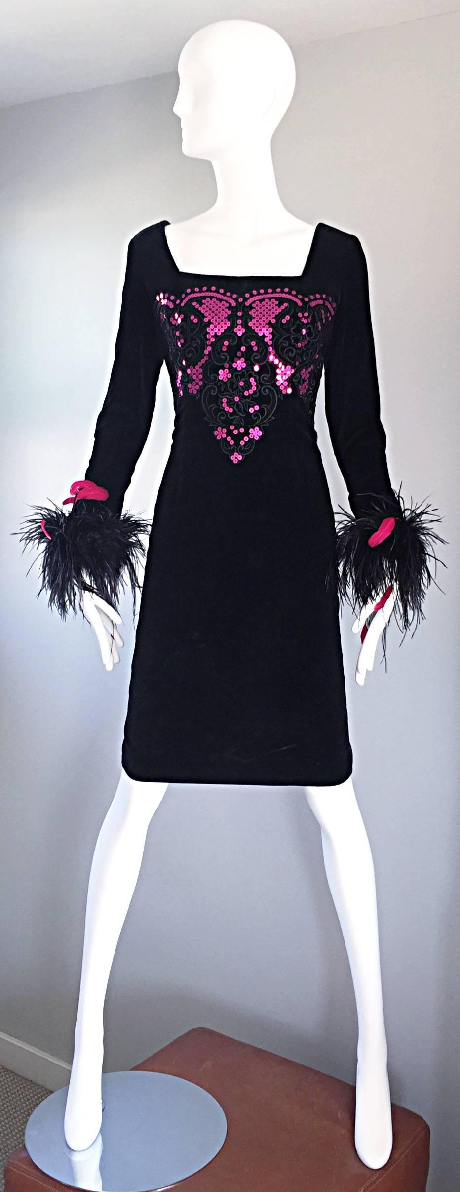 Albert Nipon for I Magnin Vintage Black and Pink Sequin Ostrich Feather Dress 2