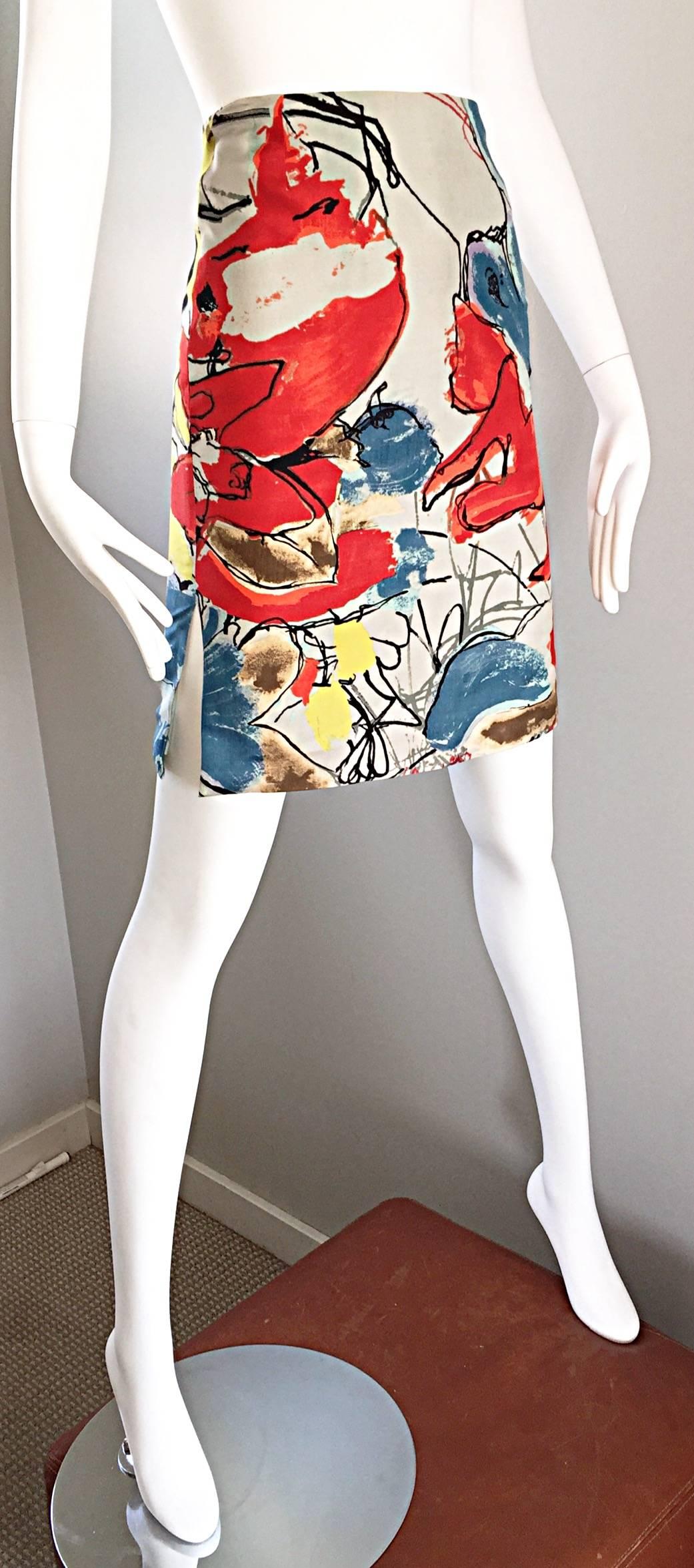 Beige Christian Lacroix Vintage High Waisted Abstract 1990s Silk Mini Pencil Skirt  For Sale