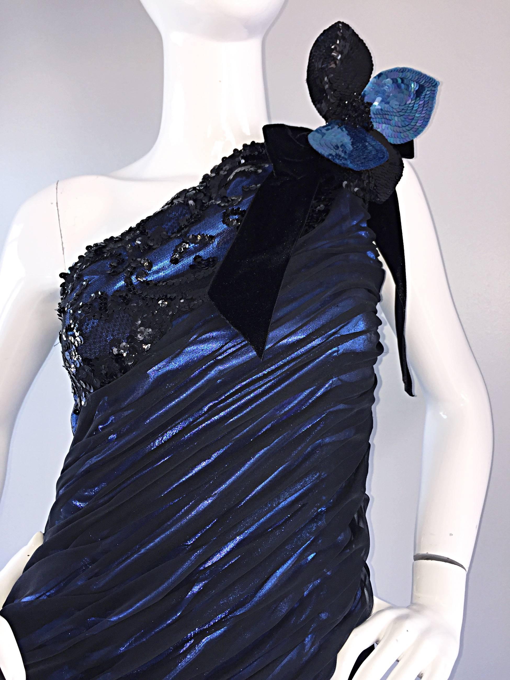 Purple Vintage Ann Lawrence Blue + Black Silk Chiffon One Shoulder Beaded Mermaid Gown For Sale