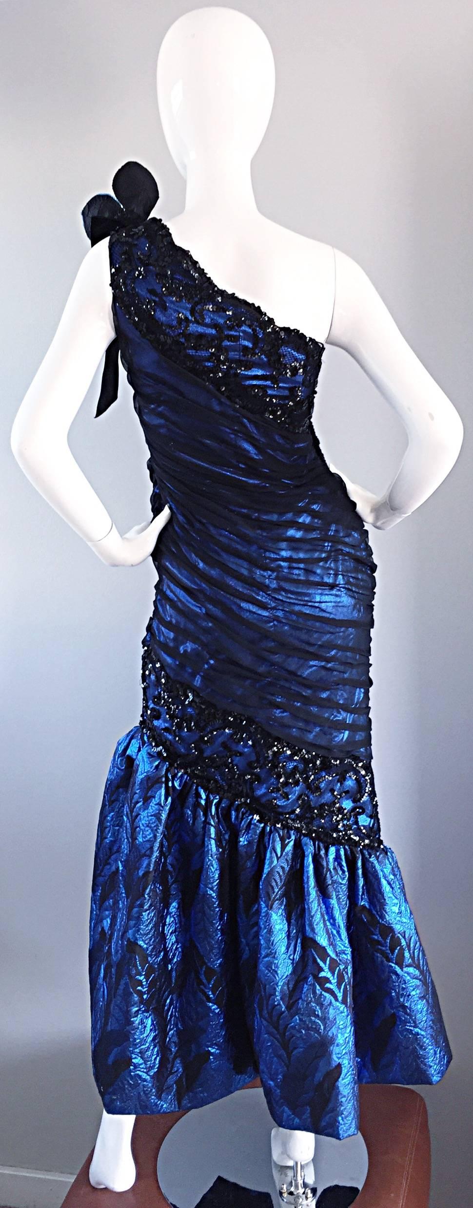 Women's Vintage Ann Lawrence Blue + Black Silk Chiffon One Shoulder Beaded Mermaid Gown For Sale