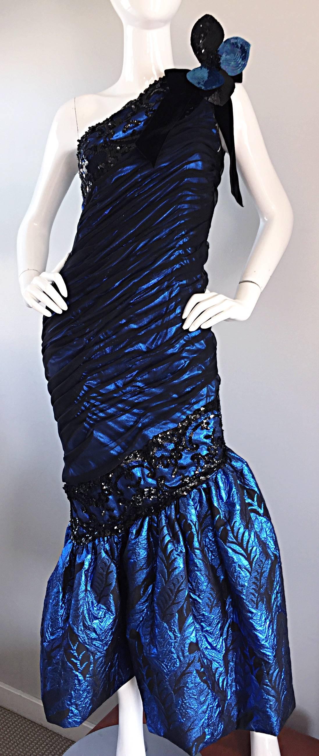 Vintage Ann Lawrence Blue + Black Silk Chiffon One Shoulder Beaded Mermaid Gown For Sale 1