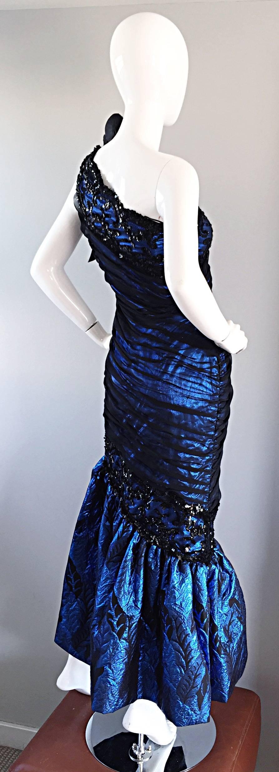 Vintage Ann Lawrence Blue + Black Silk Chiffon One Shoulder Beaded Mermaid Gown For Sale 2