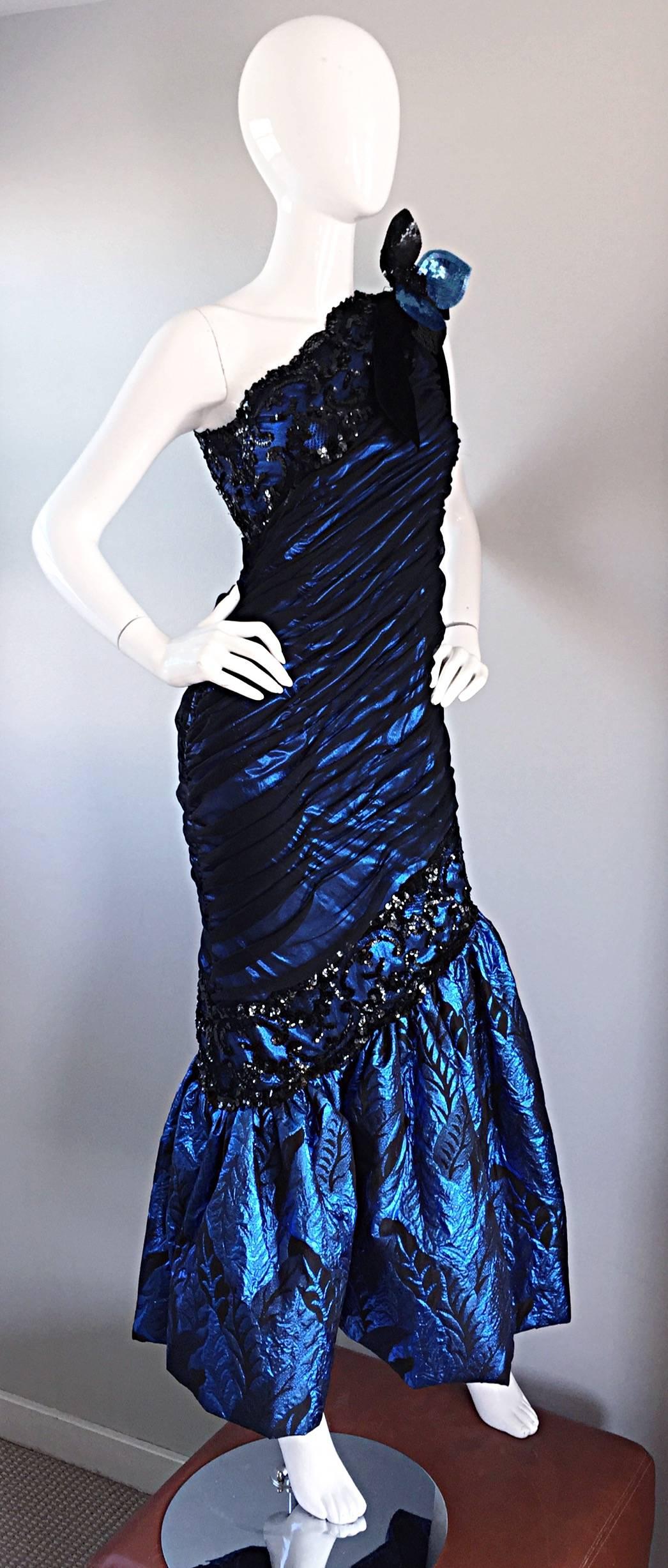 Vintage Ann Lawrence Blue + Black Silk Chiffon One Shoulder Beaded Mermaid Gown For Sale 3