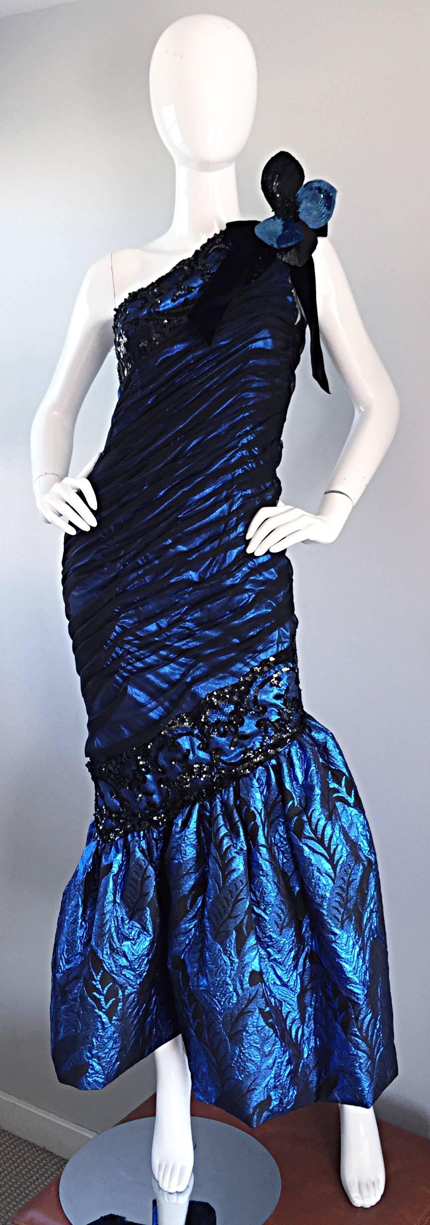 Vintage Ann Lawrence Blue + Black Silk Chiffon One Shoulder Beaded Mermaid Gown For Sale 4