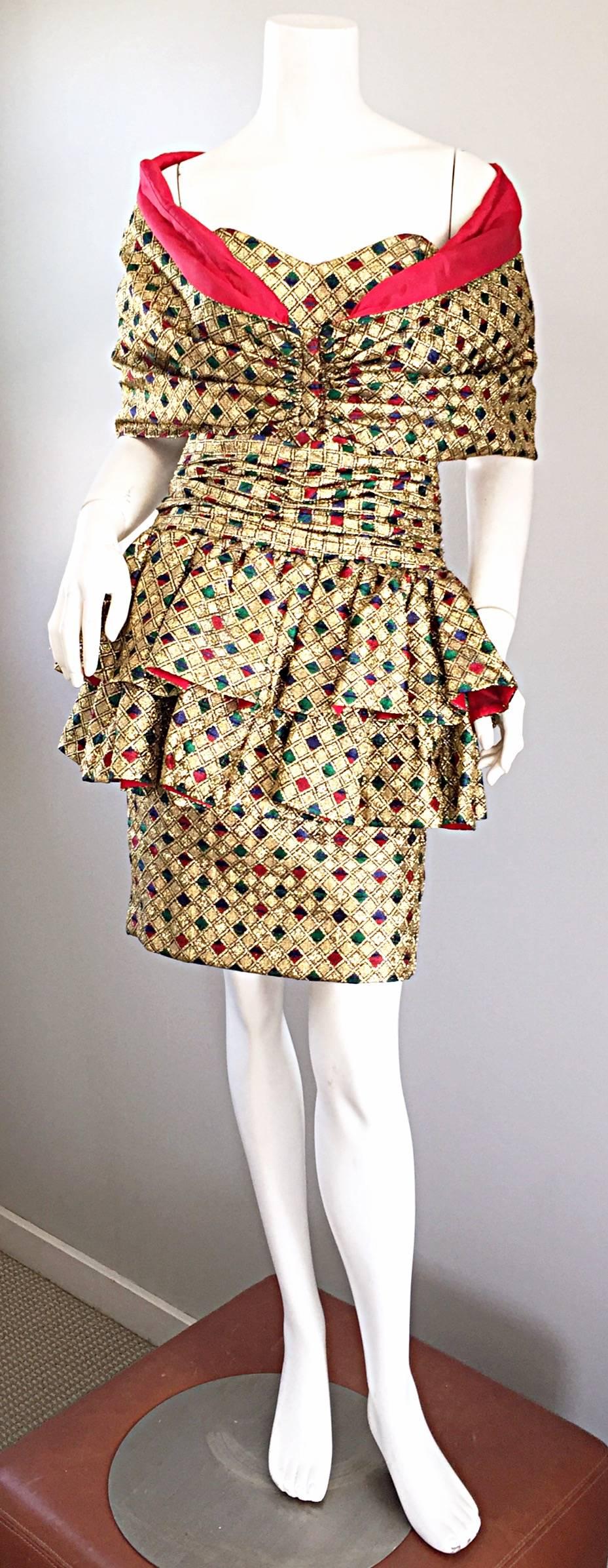 Phenomenal vintage CHRISTIAN LACROIX couture strapless gold metallic mosaic printed mini dress and matching shawl! Gold silk metallic with green, blue and red checkered mosaic print throughout. Luxurious red silk lining. Flattering ruching at the