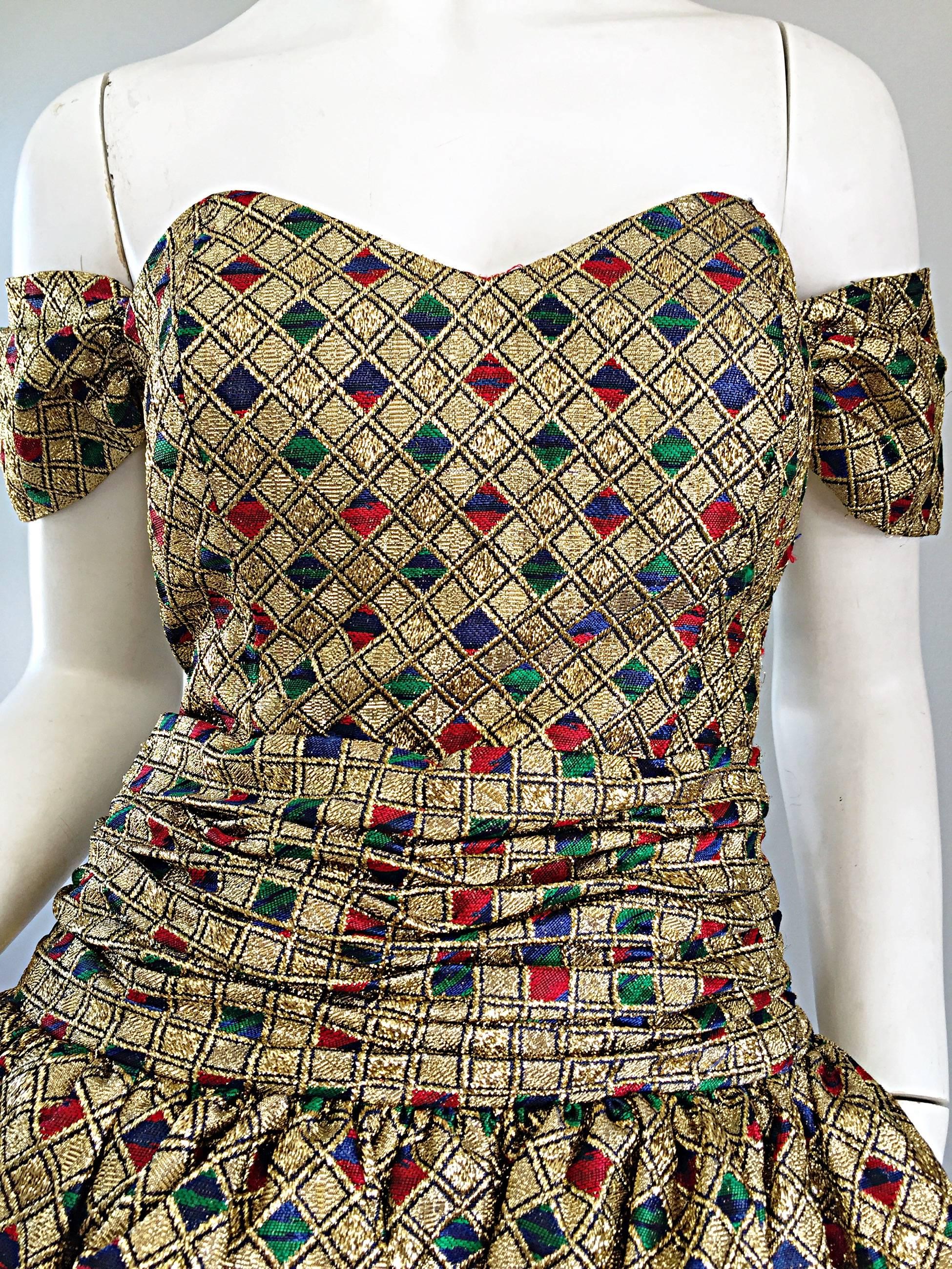 Women's Vintage Christian Lacroix Off Shoulder Gold Metallic Silk Mosaic Dress and Shawl