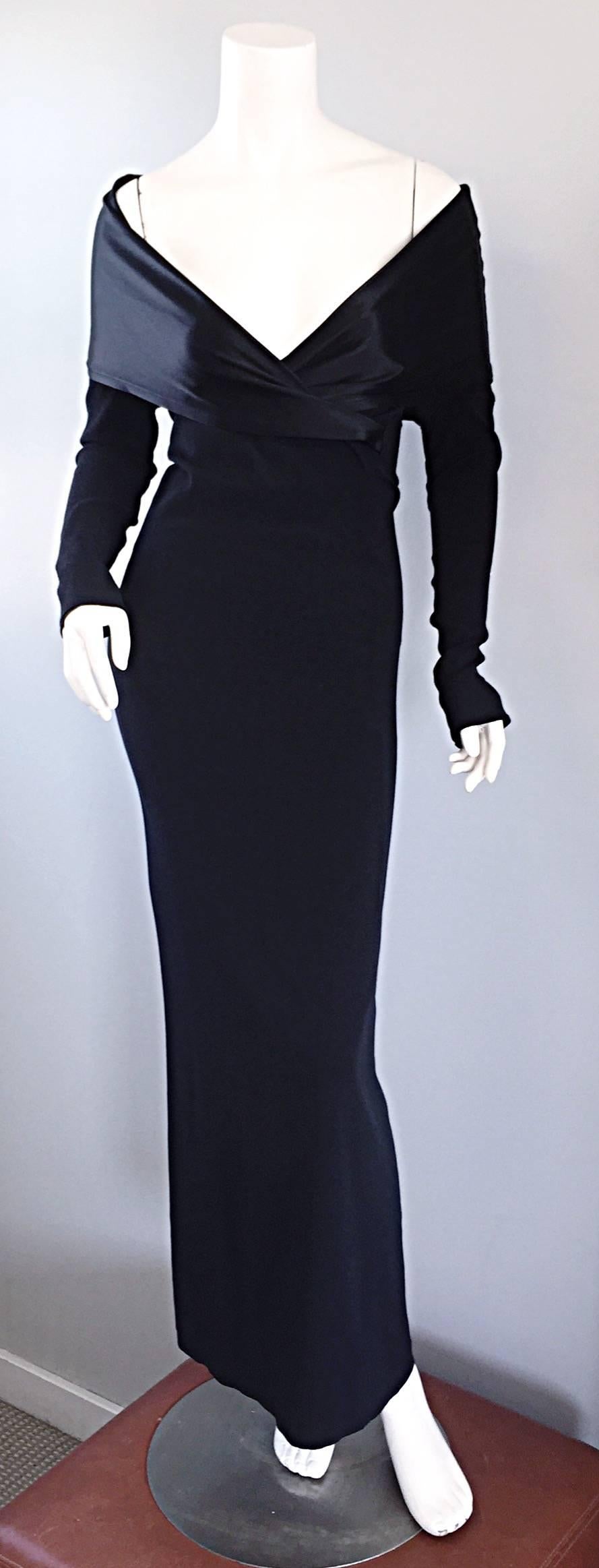 Elegant vintage JEAN PAUL GAULTIER early 90s black crepe jersey evening dress! Expertly tailored, with a heavy eye to detail. Black silk satin Avant Garde oversized off the shoulder shawl collar. Off-the-shoulder fit reveals just the right amount of