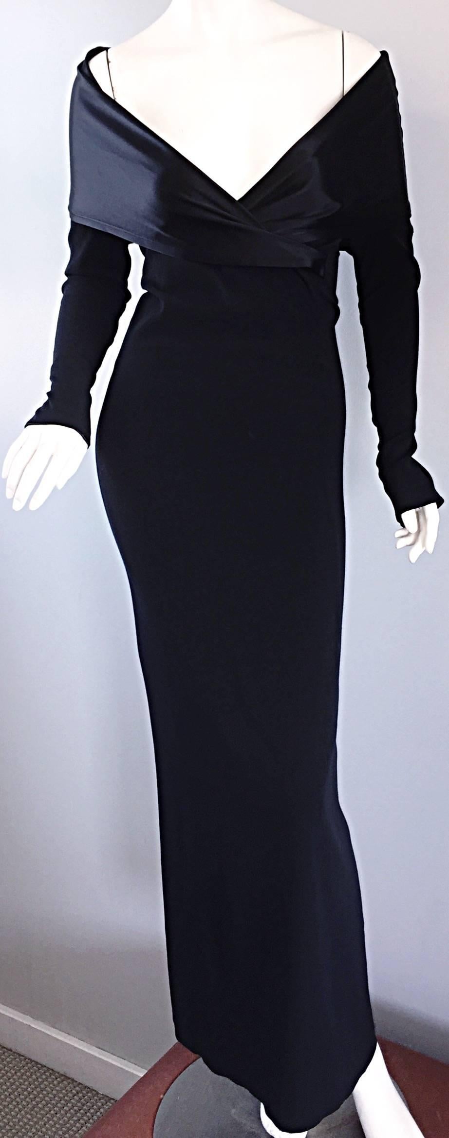 Elegant Jean Paul Gaultier Vintage Black Crepe Jersey Off Shoulder 1990s Gown 2