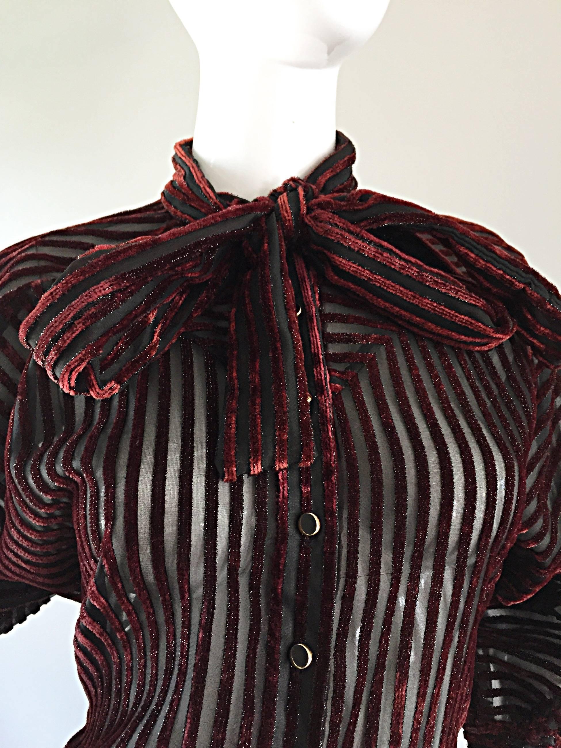 Vintage Nina Ricci Couture Black + Burgundy Silk Cut - Out Semi Sheer Blouse  In Excellent Condition In San Diego, CA