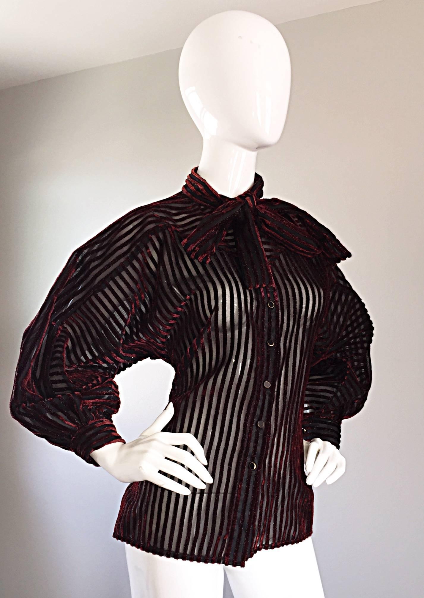 Women's Vintage Nina Ricci Couture Black + Burgundy Silk Cut - Out Semi Sheer Blouse 