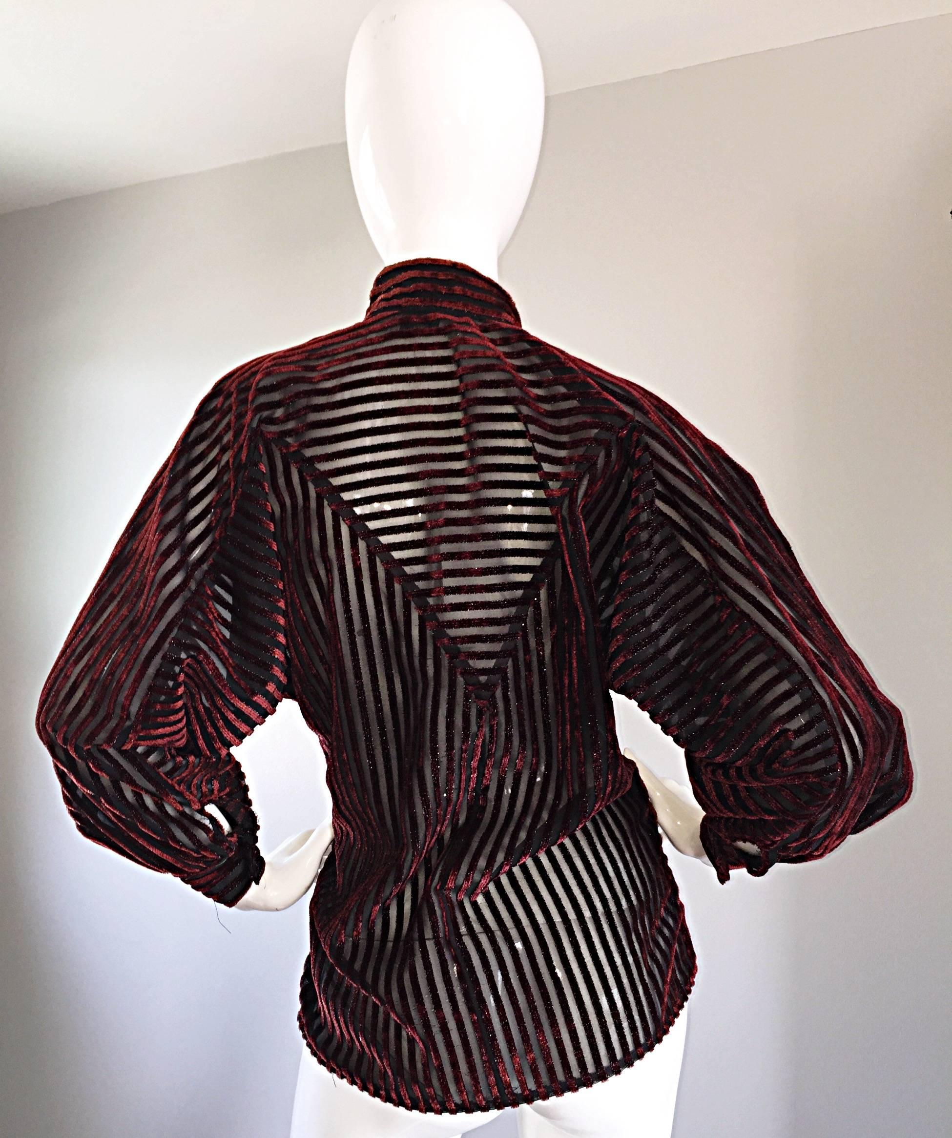 Vintage Nina Ricci Couture Black + Burgundy Silk Cut - Out Semi Sheer Blouse  1
