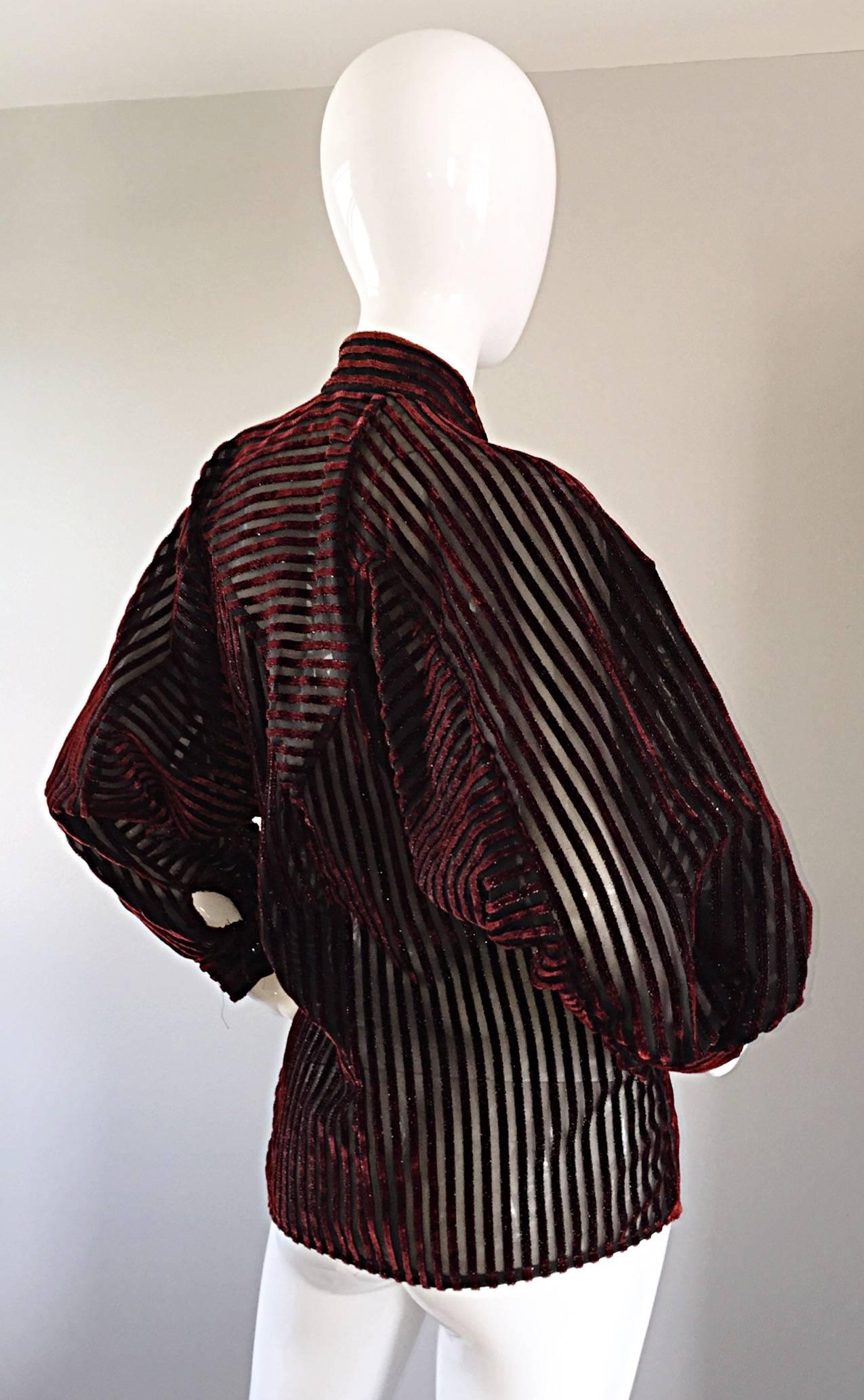 Vintage Nina Ricci Couture Black + Burgundy Silk Cut - Out Semi Sheer Blouse  2