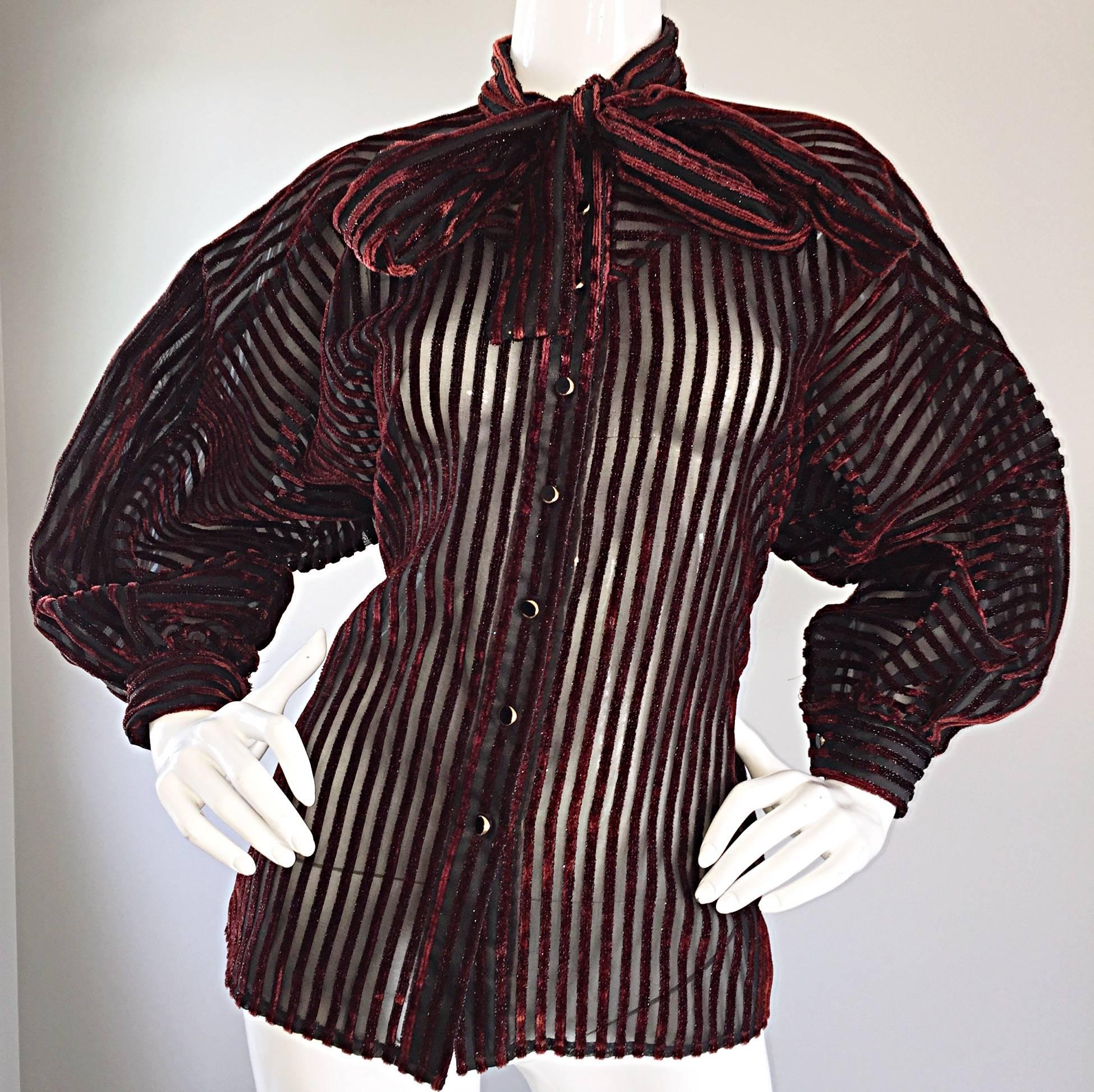 Vintage Nina Ricci Couture Black + Burgundy Silk Cut - Out Semi Sheer Blouse  3