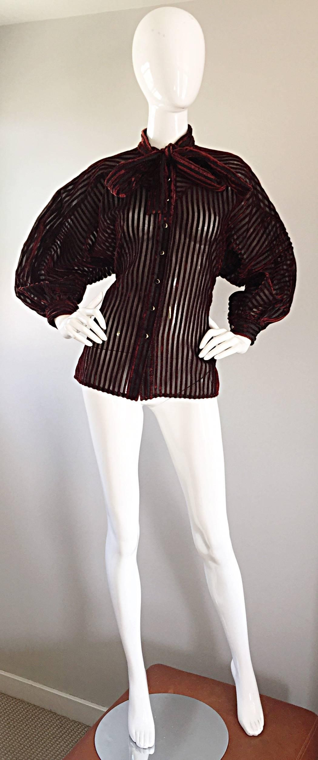 Vintage Nina Ricci Couture Black + Burgundy Silk Cut - Out Semi Sheer Blouse  4