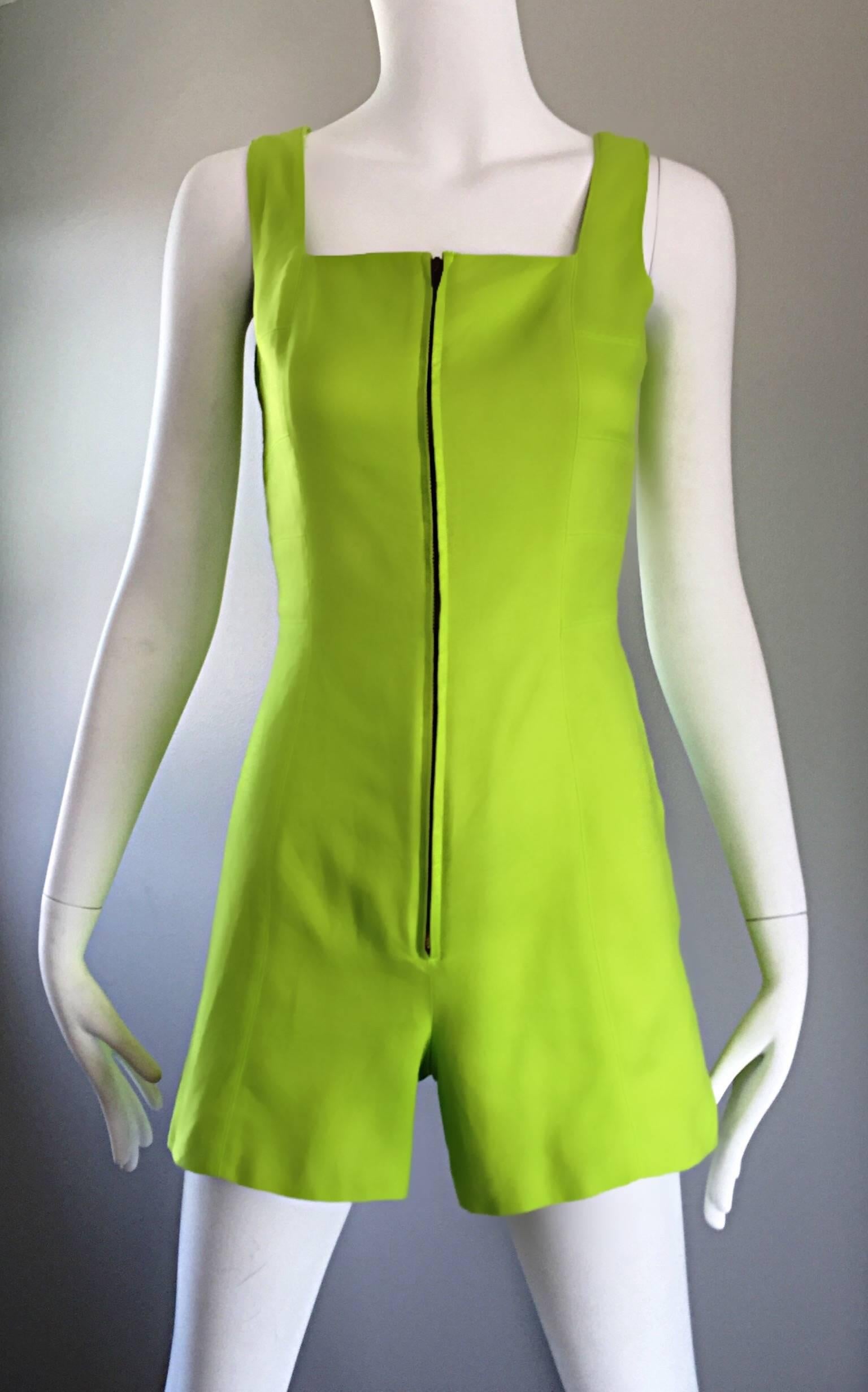 Rare Vintage Claude Montana Neon Green Linen + Cotton Romper Jumpsuit Onesie In Excellent Condition For Sale In San Diego, CA